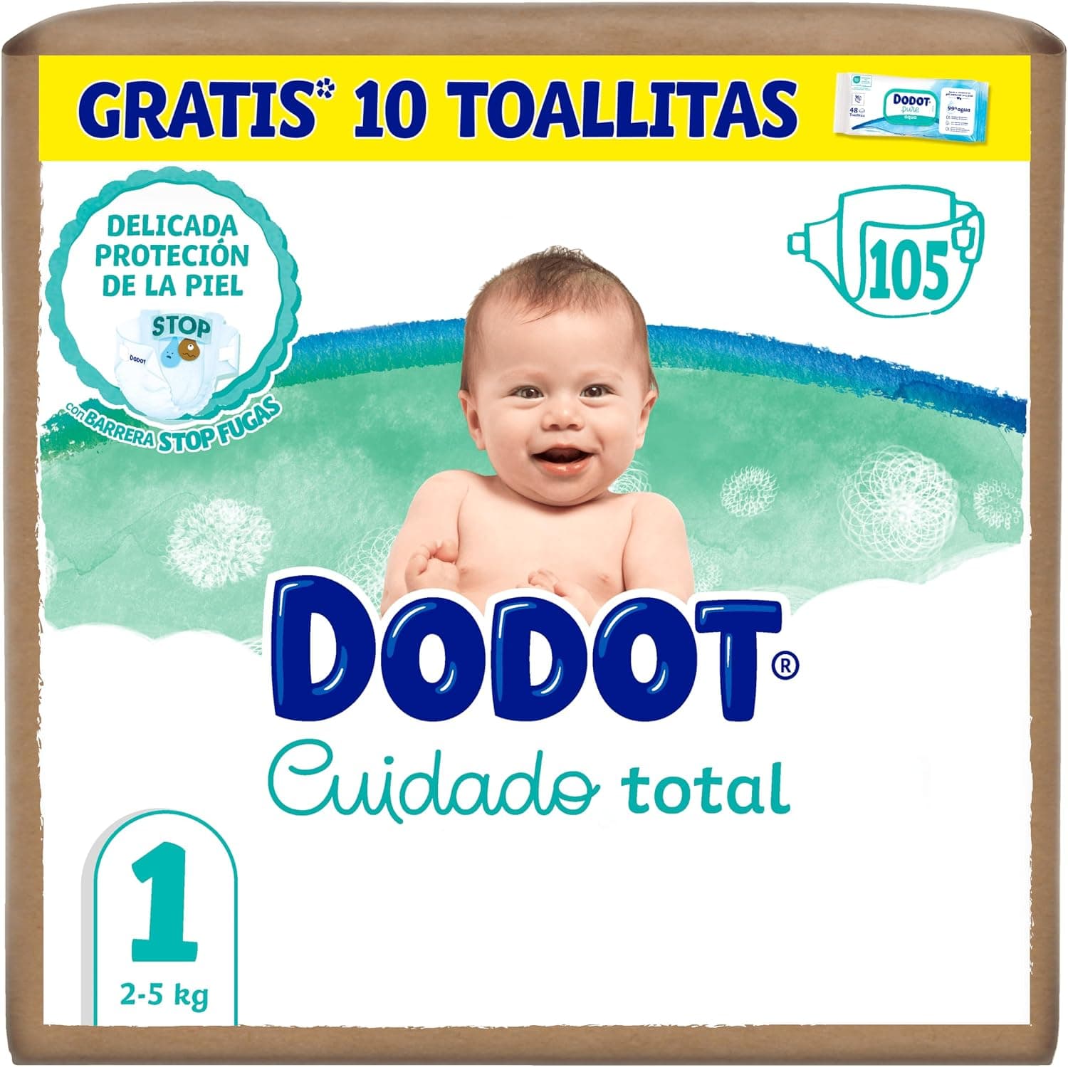 Dodot Pañales Bebé Cuidado Total Talla 1 (2-5kg), 105 uds + 10 Toallitas