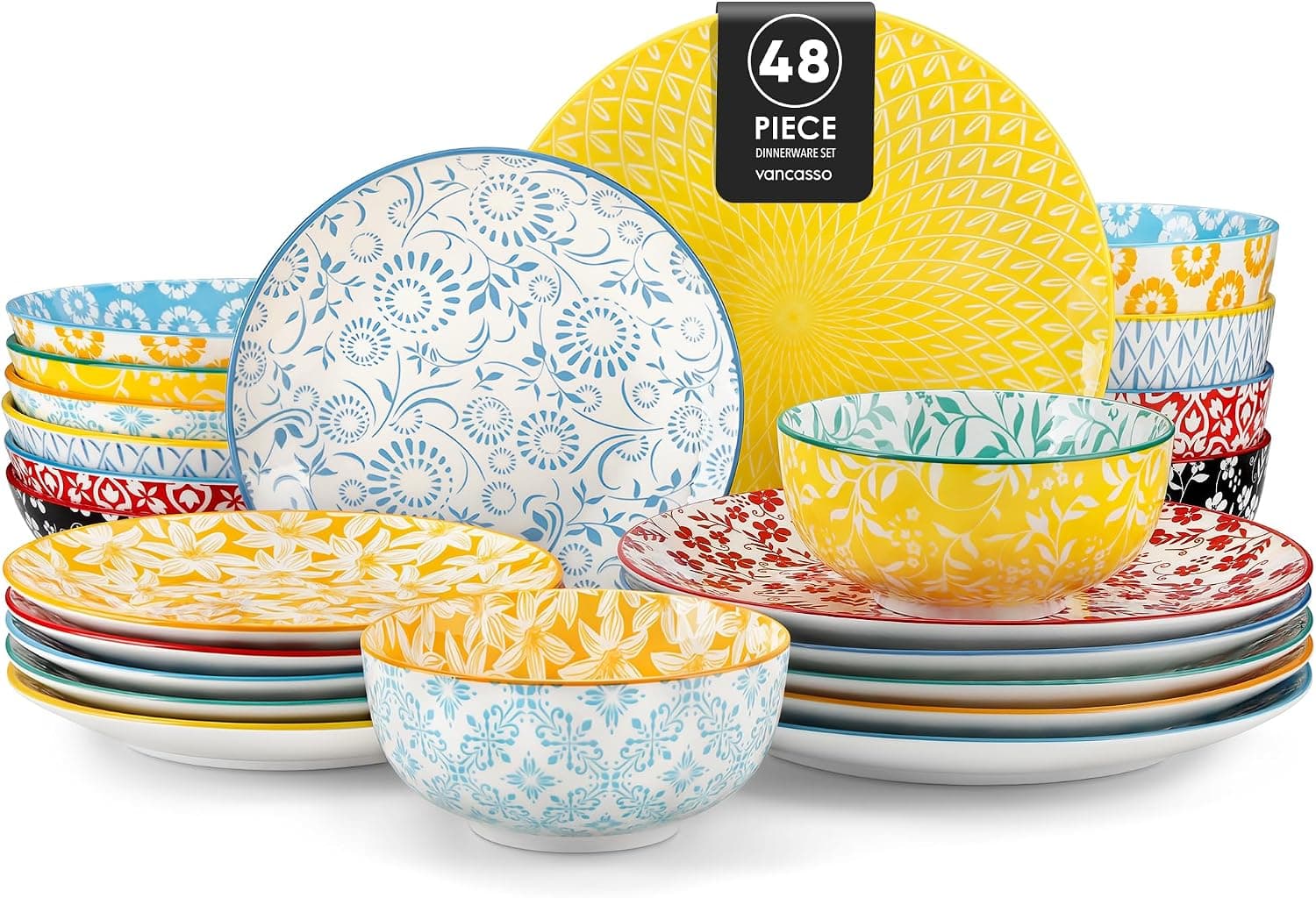 vancasso SELENE Vajillas Completas 12 Personas, 48 Piezas, Vajillas en Porcelana Pastel - 12 Platos Llanos, 12 Platos de Postre, 12 Cuencos para Pasta y 12 Cuencos, Apto para Lavavajillas