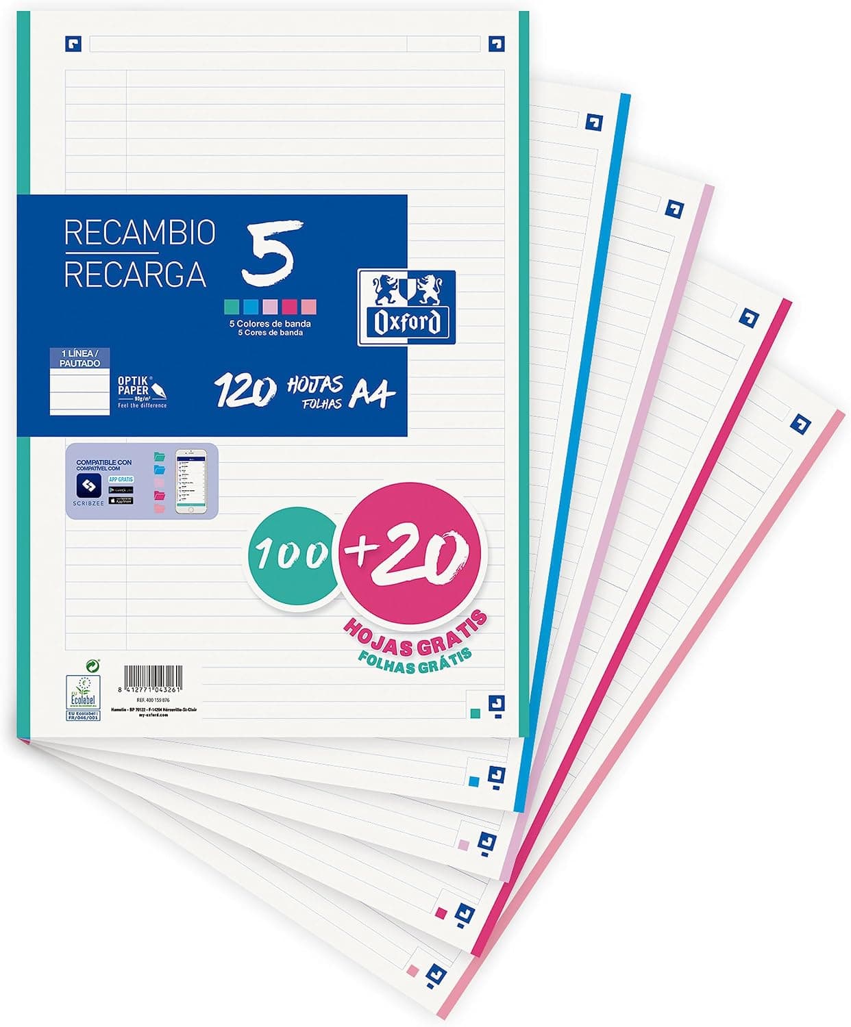 Oxford, hojas rayadas A4 perforadas, recambio achivador 1 linea, 120 hojas, 4 taladros, 5 bandas de colores pastel