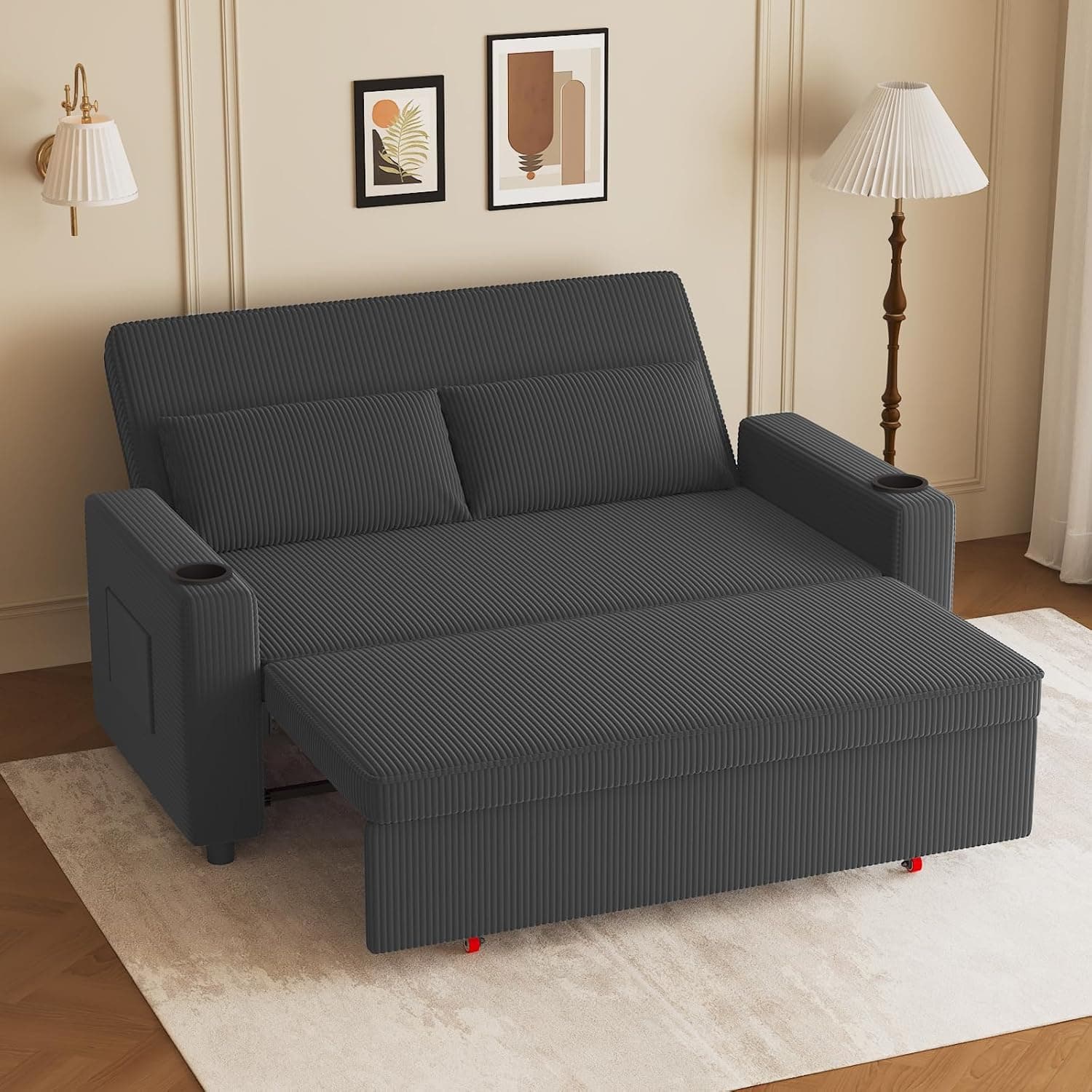 JUMMICO Sofá Cama Convertible, Loveseat de 2 Plazas con Descansaespaldas Ajustable, Sofá Pequeño Retráctil de Tela de Corduroy Moderna, para Sala de Estar y Dormitorio, Color Gris
