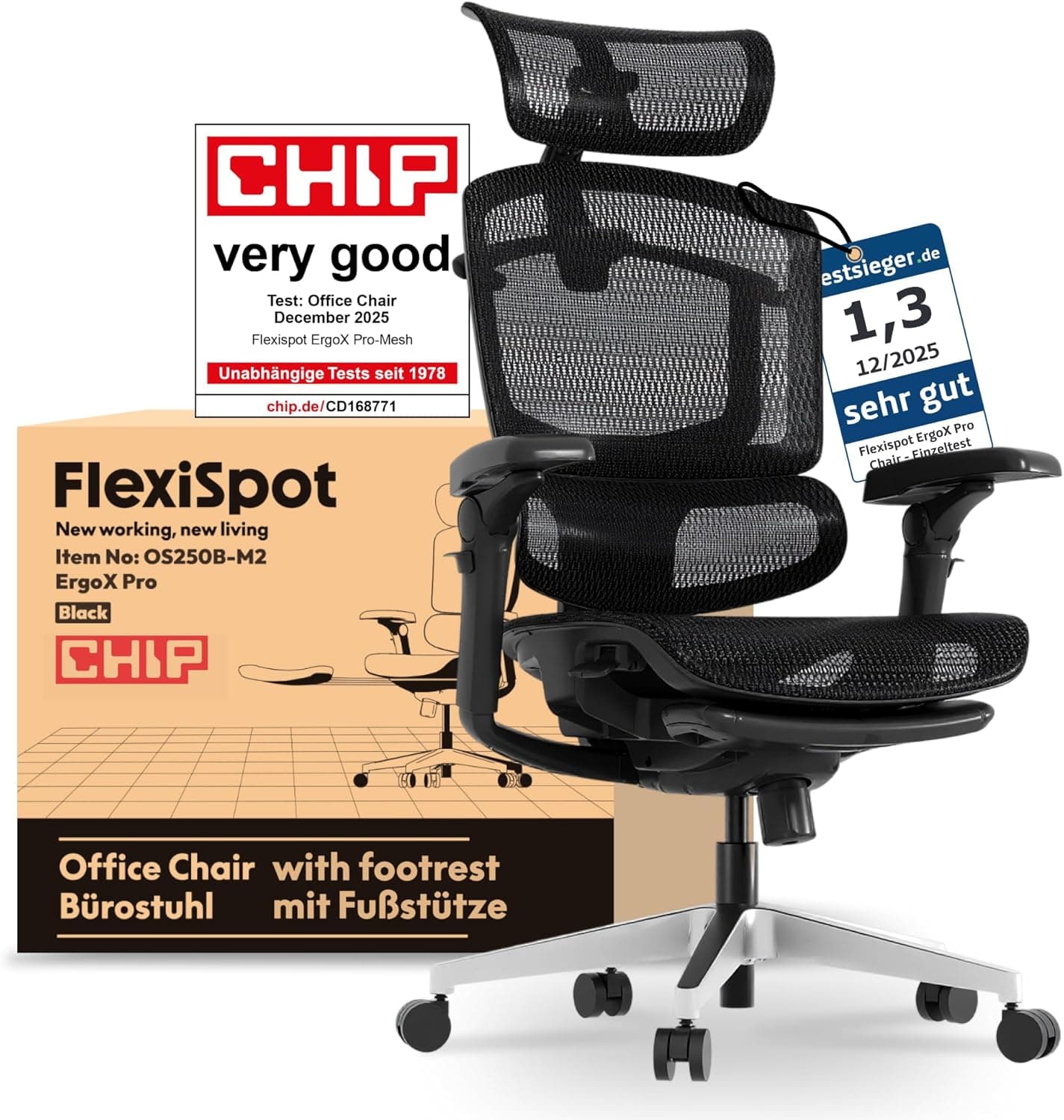FLEXISPOT ErgoX Pro Silla de Oficina Ergonómica con Reposapiés, Ajuste Altura 12 Niveles, Reposabrazos 7D, Soporte Lumbar 5D, Reposacabezas 4D, Carga 250 kg, Asiento Malla Transpirable, Negro