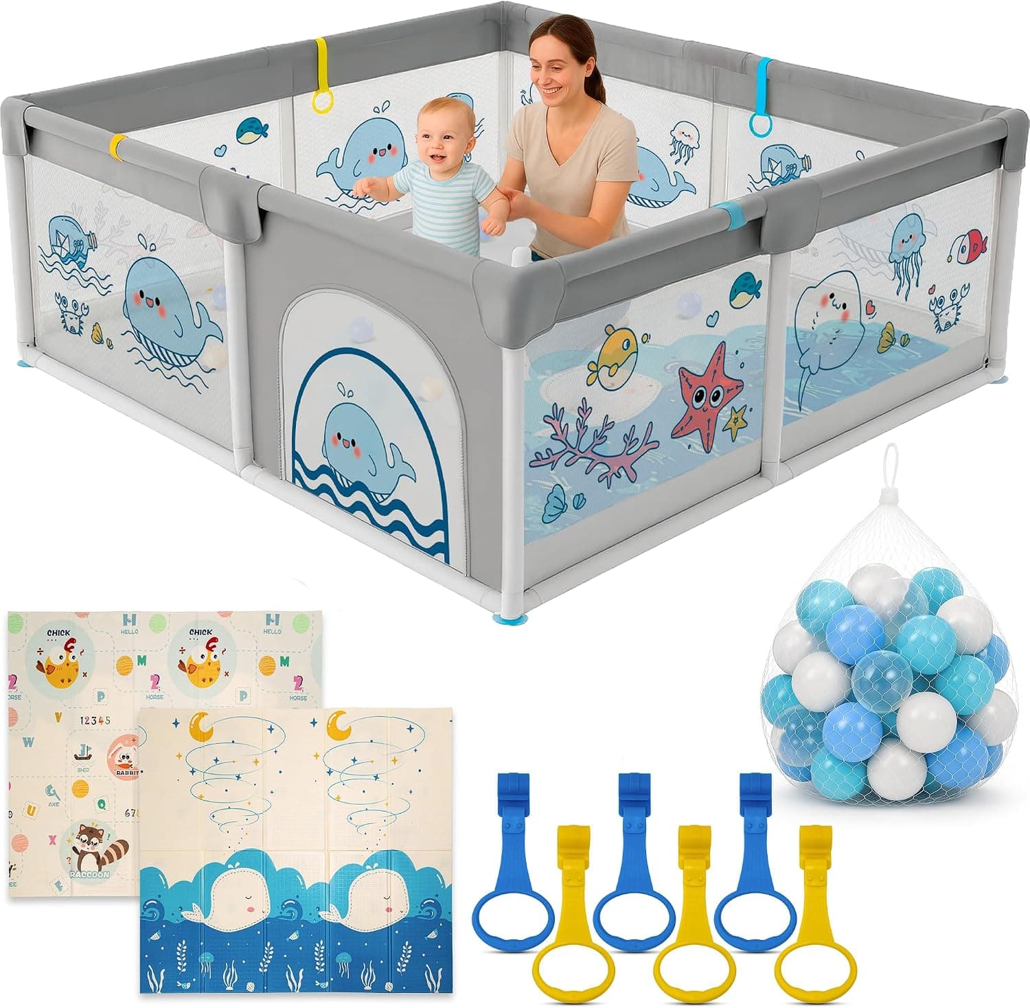 Parque Infantil Bebe 180x200cm + Alfombra Bebe + 60 Bolas + Agarraderas + Bolsas de Transporte – Corralito Bebe con Malla Transpirable – Parque de Juegos Bebe – Playpen Bebe (180x200 cm)