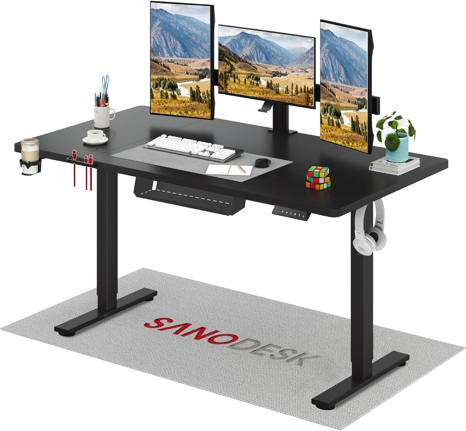 SANODESK Escritorio Elevable Eléctrico 160cm, Regulable en Altura con Memoria, Estable y Silencioso, Soporte hasta 100 kg, con Gancho y Portabotella, Oficina y Hogar (Negro)