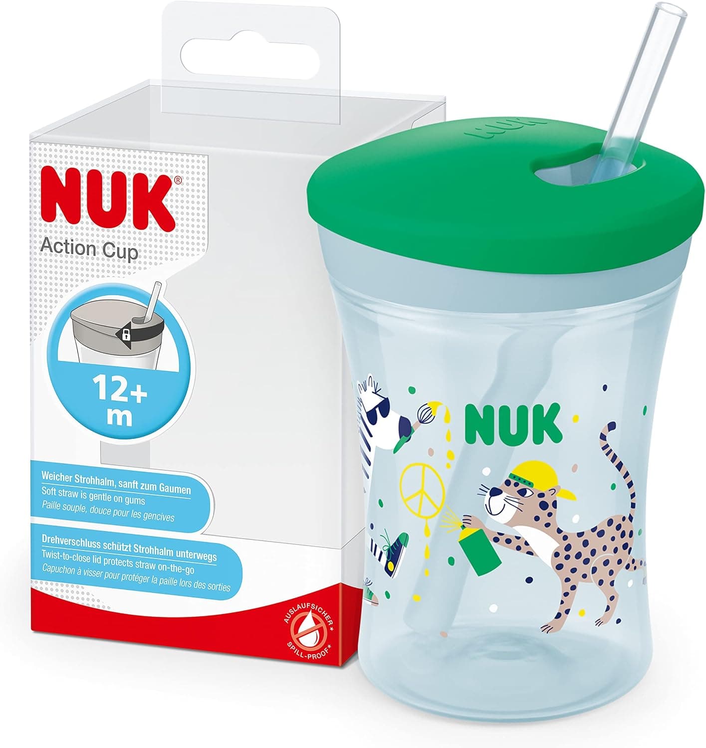 NUK Action Cup taza para niños | +12 meses | Pajita blanda de accionamiento por giro | A prueba de fugas | Sin BPA | 230 ml | Leopardo (verde) | 1 unidad