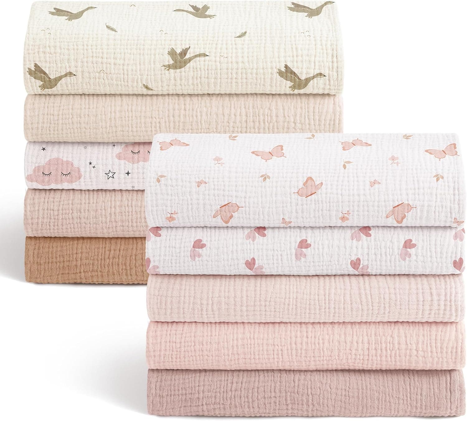 Bearmoss Muselinas Bebe 100% Algodon Suaves Toallas de Muselina para Bebe,Paños de Muselina para bebé Transpirable Gasas para Bebes Nacidos 10pcs 60x60cm (Marrón Rosado)
