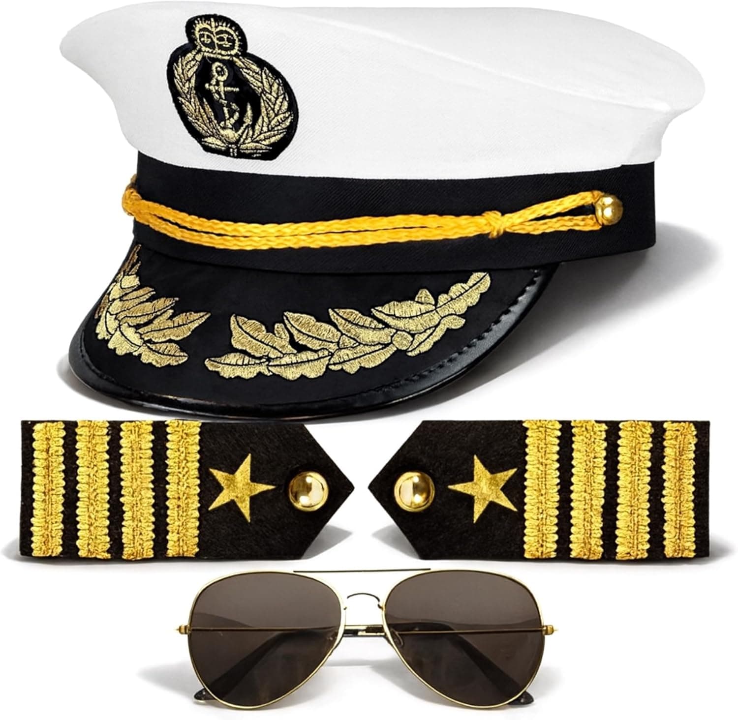 TK Gruppe Timo Klingler Set de disfraz Capitán, con gorra de capitán gorra de marinero gorra náutica estilo marino, gafas de piloto, puños para carnaval y fiestas de disfraces hombre y mujer