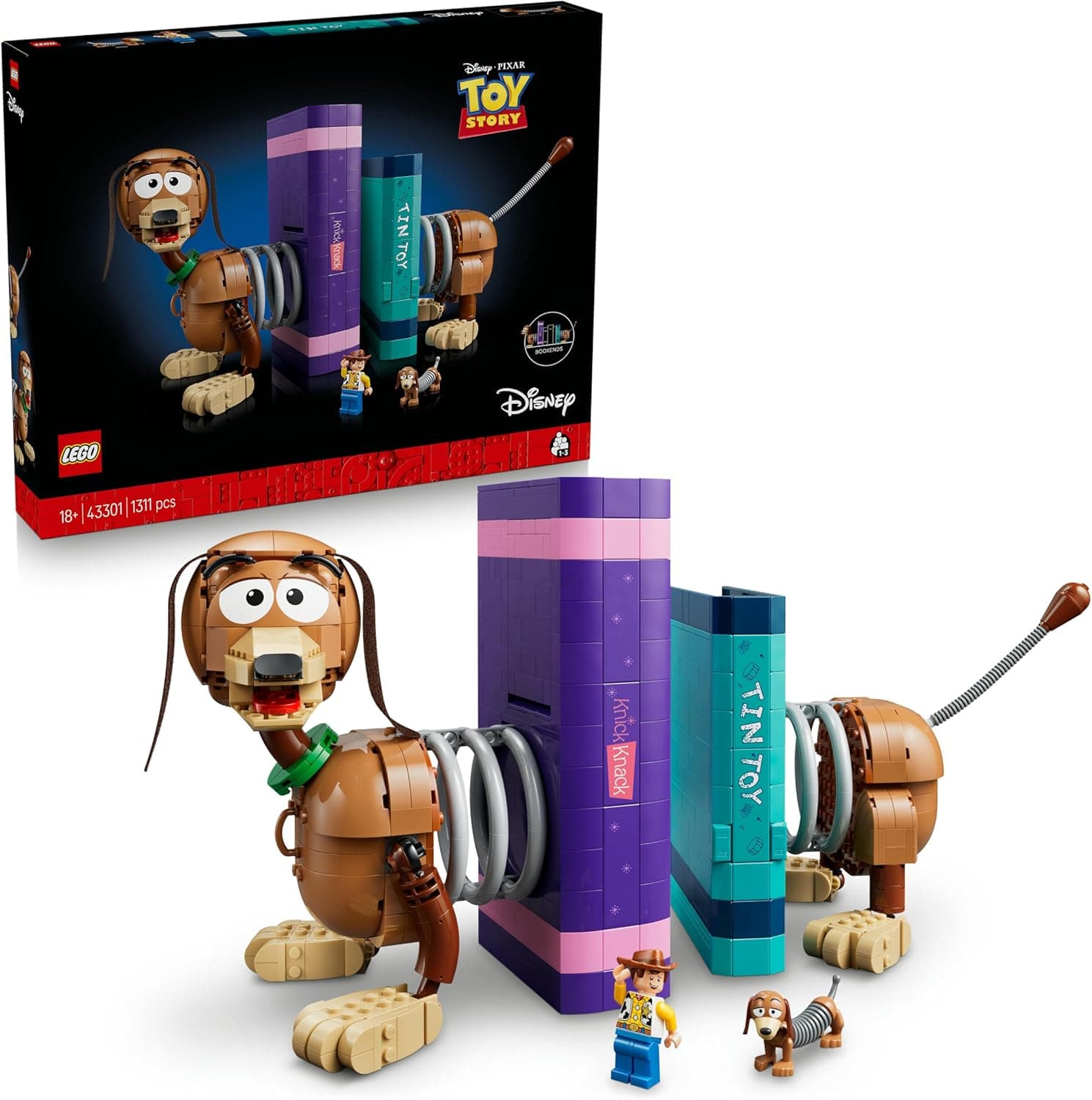 LEGO | Disney y Pixar Toy Story: Sujetalibros de Slinky - Maquetas para Adultos de Dachshund - Decoración de la Estantería - Minifigura de Woody y Figura de Perro Salchicha - Regalo para Fans - 43301