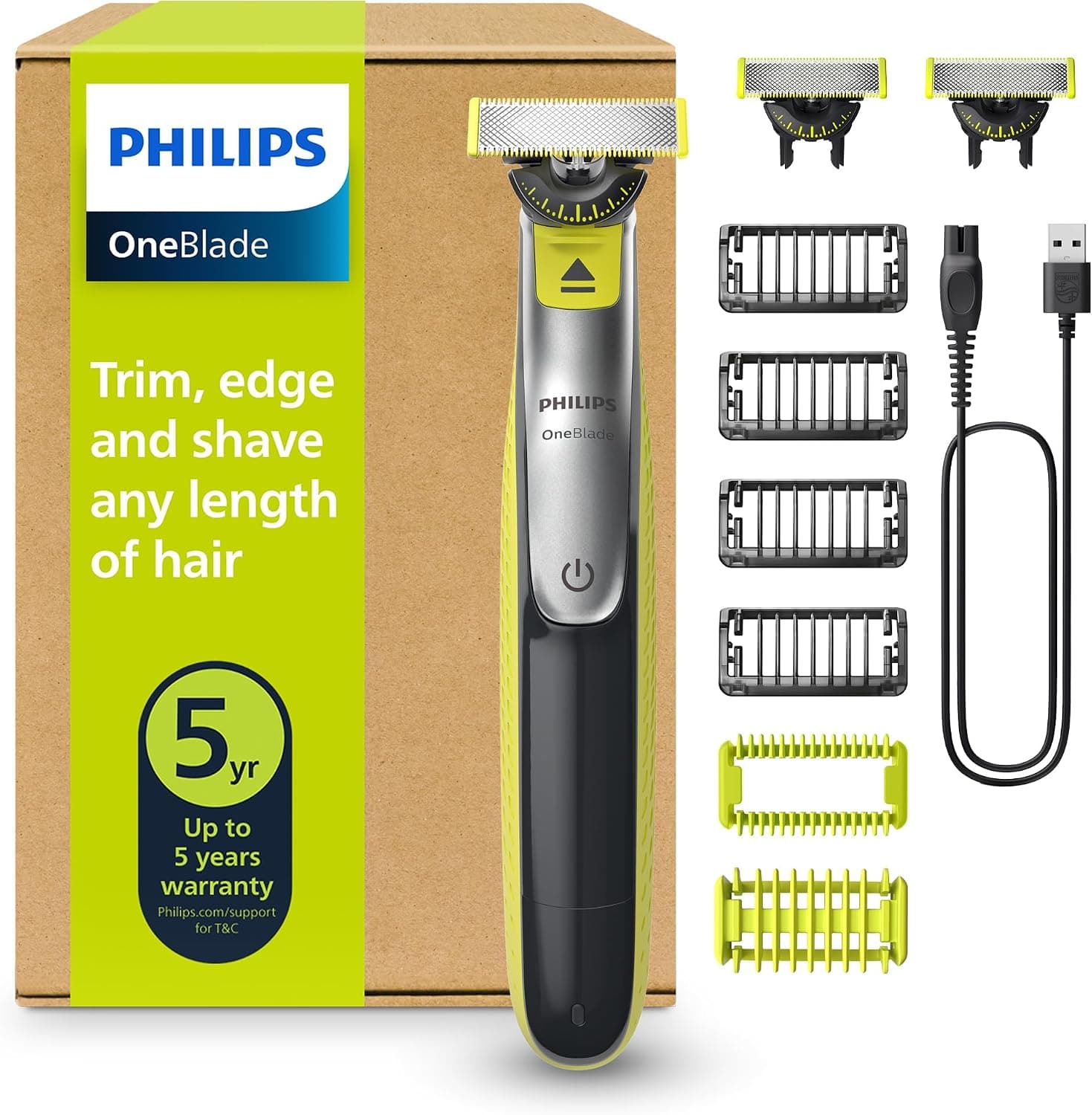 Philips OneBlade 360 Auténtico Barbero, afeitadora y recortadora eléctrica facial y corporal, 3x 360 cuchillas, 4x peine para barba incipiente (1,2,3,5mm), 1x kit corporal, QP2834/31