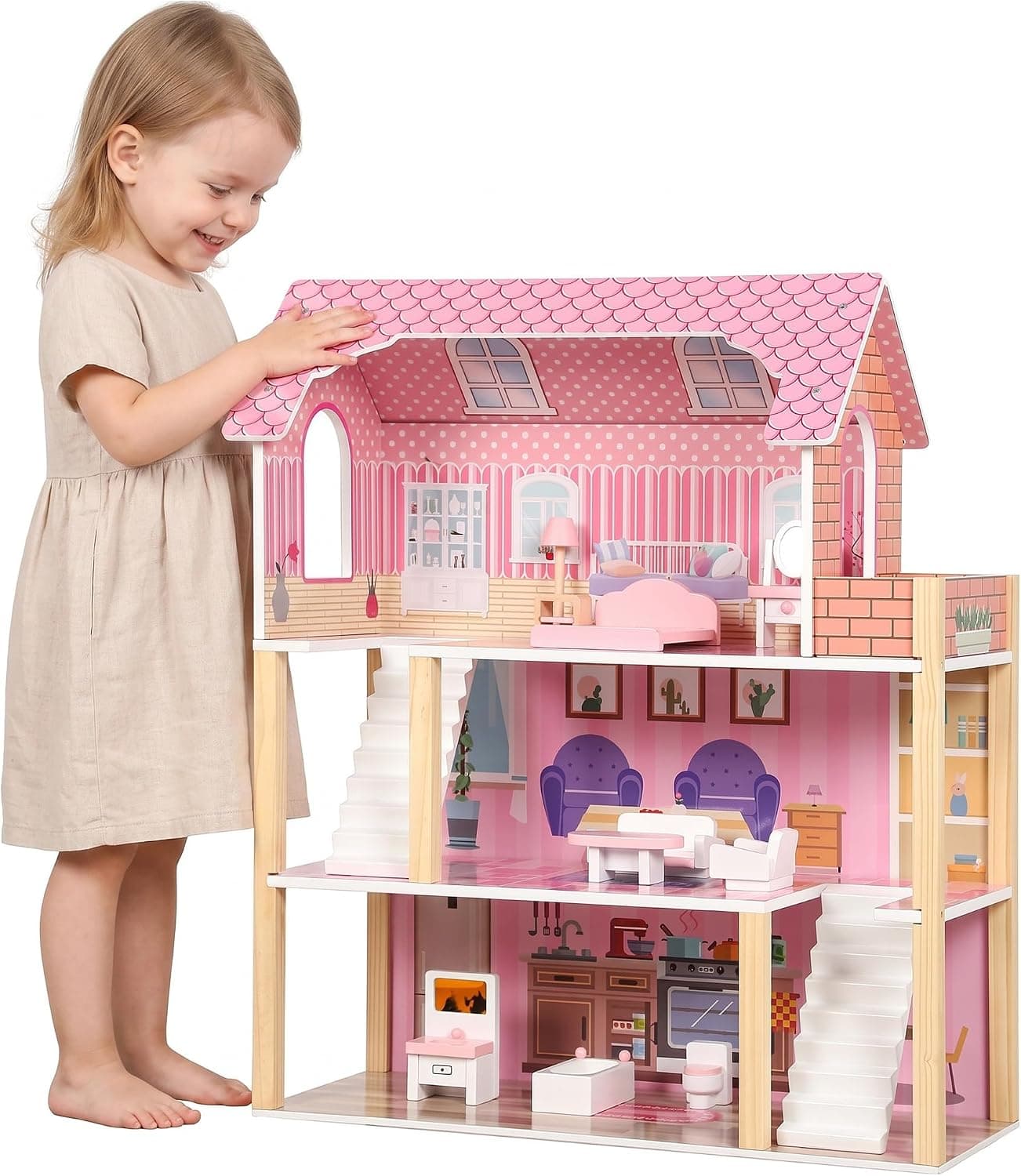 AIYAPLAY Casa de Muñecas de Madera 3 Pisos Balcón Escaleras 10 Muebles Rosa