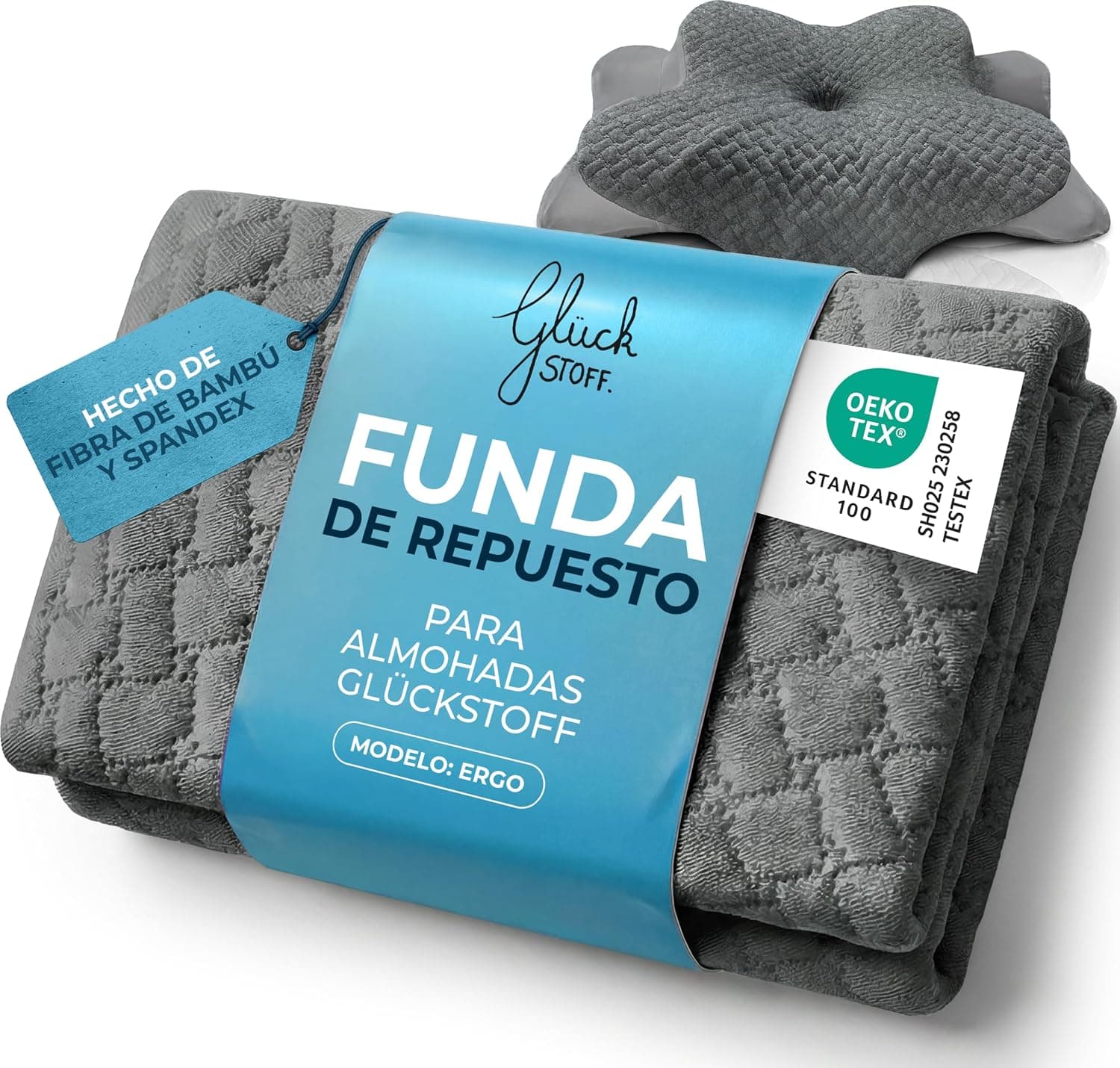 Glückstoff® Funda de Almohada para Almohada ergonómica [Efecto FRÍO & Calor] de Fibra de bambú y Spandex | Suave & Acolchada | Funda de Repuesto | Gris | Versión: Ergo
