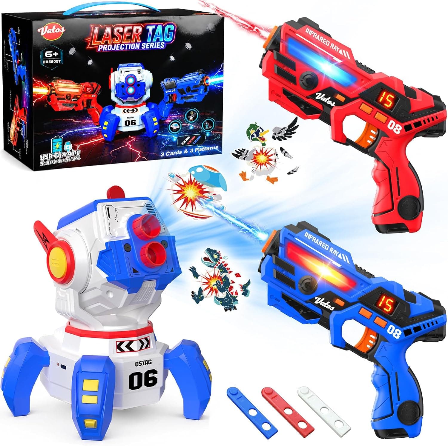 VATOS Set de Láser Tag Recargable para 2 Jugadores, Pistolas Infrarrojas y Proyección con Pantalla LED de Puntuación y 3 Tarjetas de Objetivo, Juego de Láser para Niños y Familia a Partir de 6 años