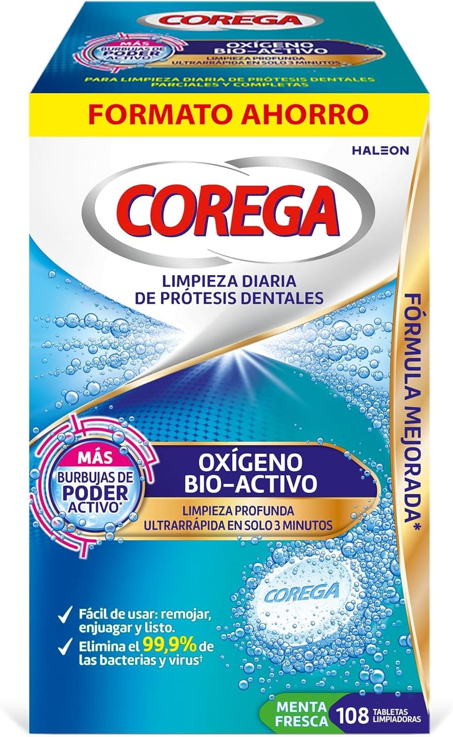 Corega Oxígeno Bio-Activo, Tabletas Prótesis Dentales, Pack 108
