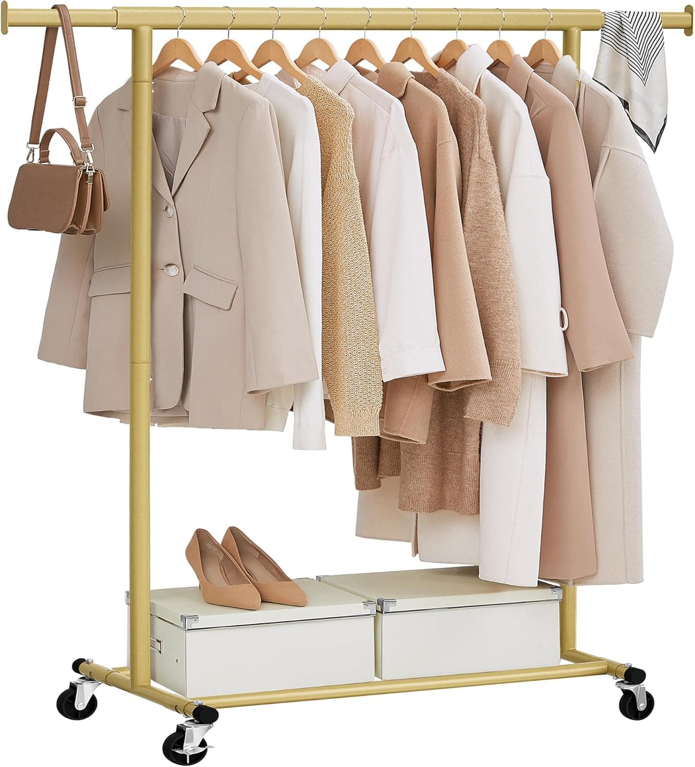 SONGMICS Burro Ropa con Ruedas, Perchero Burro Extensible con Carga Pesada, Capacidad de Carga Máx. de 100 kg, Fácil de Montar, Portátil, Oro Pálido HSR013A01