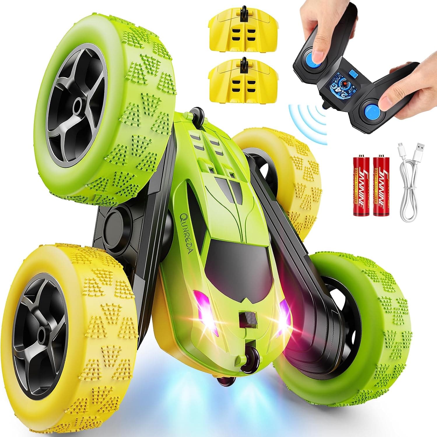 QUNREDA Coche Teledirigido RC Stunt Car 4WD 2,4 GHz – 360° Volteos, Luces LED, Baterías Modulares USB-C,Juguetes para Niños 6-12 Años, Regalo de Cumpleaños (Verde&Amarillo)