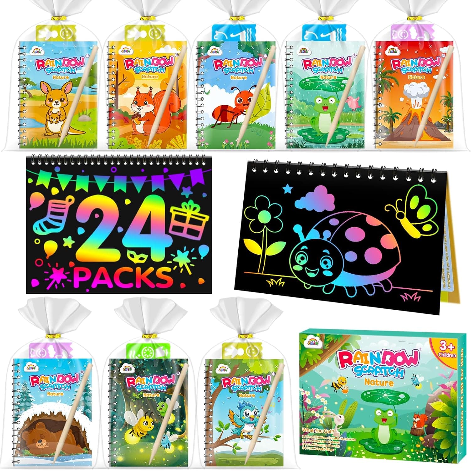 ZMLM Libros Scratch Art Kit con Plantilla y Lápiz de Madera, Regalos Cumpleaños Niños Colegio - Lembrancas Aniversario Criancas - Detalles cumpleaños niños y Niña Alumnos 3 a 12 Años (24 Naturaleza)