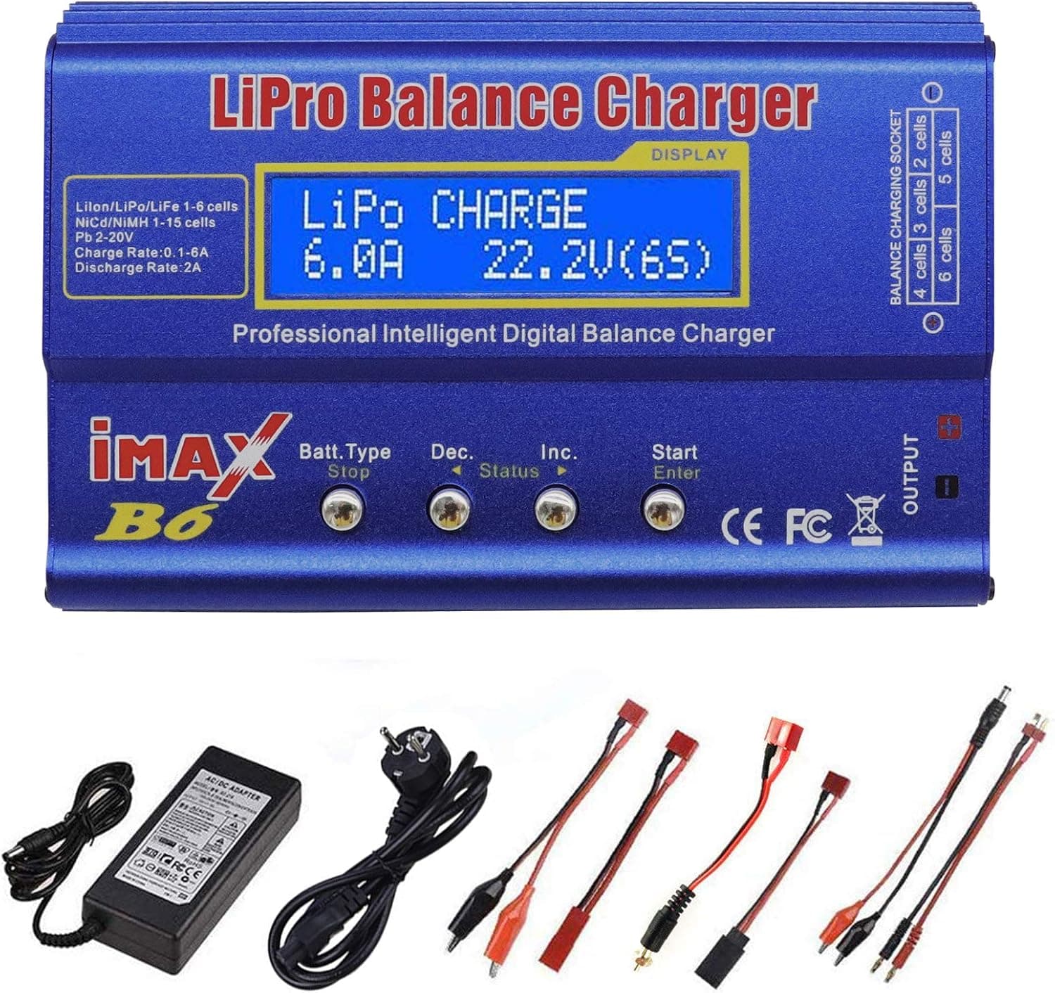 Cargador LiPo de 80 W 6A Balance Profesional Cargador de Alta Potencia para LiPo/Li-Ion/Life (1-6S), NiMH/NiCd (1-15S), Cargador RC de LED con Fuente de alimentación