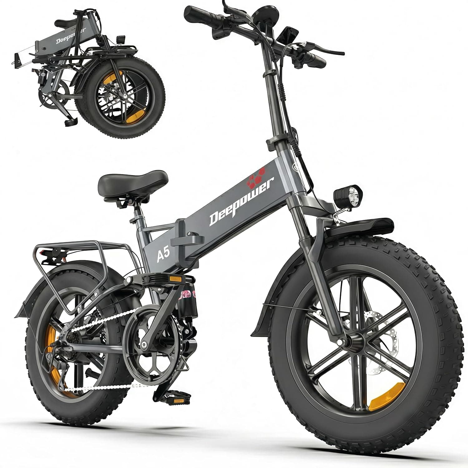 DEEPOWER Bicicleta Eléctrica Plegable para Adultos, Batería Extraíble 48V 15.6Ah, Autonomía hasta 110 km, Motor de 85 N·m, Neumáticos Fat 20" x4,0, 7 Velocidades, Suspensión Completa