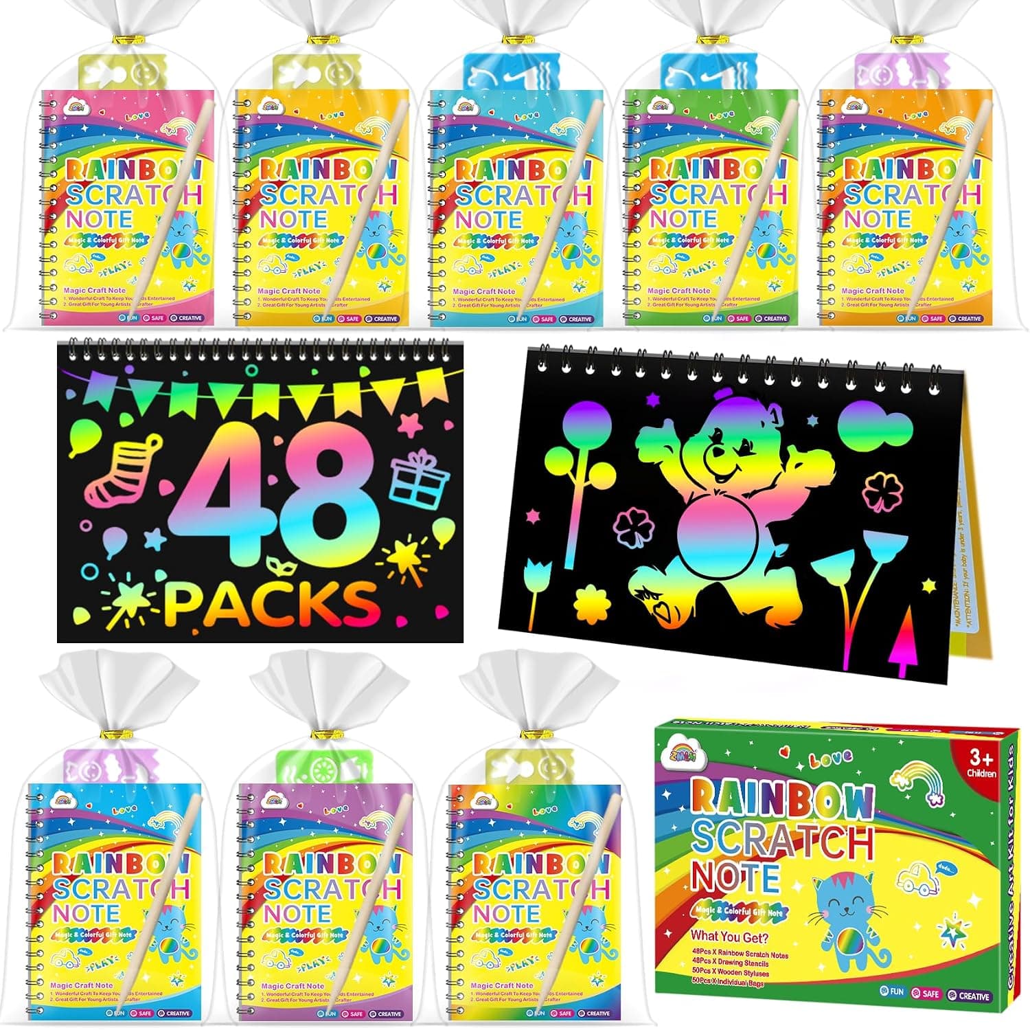 ZMLM 48 Libros Scratch Art para Niños, Regalo Creativo Dibujar de Rascar Kit con 50 Lápices de Madera, 48 Plantillas de Dibujo para Los Niños de 3-12 Años Regalos para Cumpleaños Infantiles