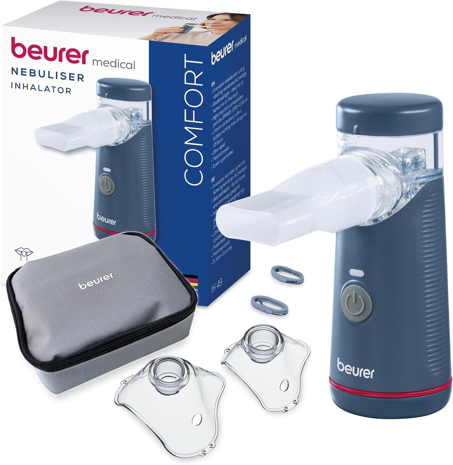 Beurer IH 49 Nebulizador Portátil, inhalador portátil para niños y adultos, para resfriados, asma y otras afecciones respiratorias, batería recargable, muy silencioso, con estuche