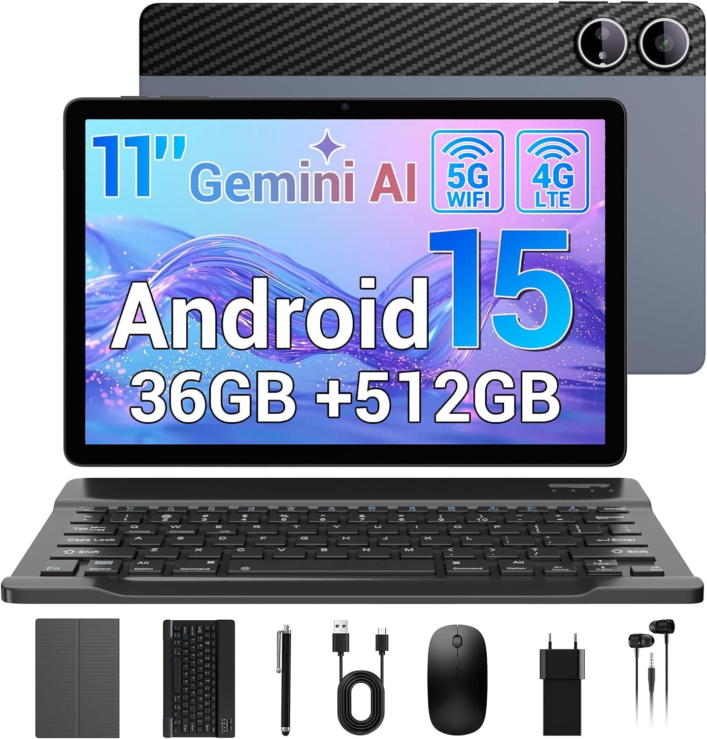 Tablet 11 Pulgadas Gemini AI, 36GB RAM + 512GB ROM/1TB TF, 4G LTE Dual SIM+5G WiFi, Widevine L1, 2GHz Octa-Core, 9580mAh/GPS/13MP/GMS/OTG, Android Tablet con Teclado+Lápiz+Funda+Ratón+Auriculares