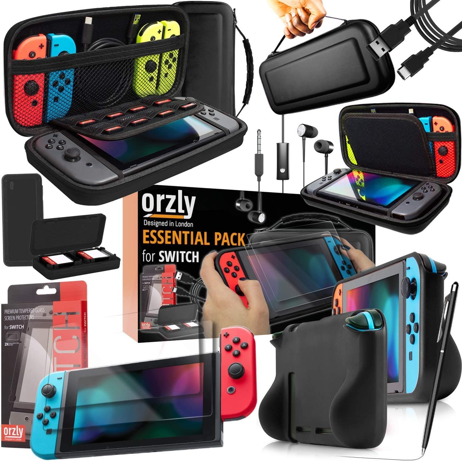 Orzly Pack Esencial de Accesorios para Nintendo Switch [Incluye: Protectores de Pantalla, Cable USB, Funda para Consola, Estuche Tarjetas de Juego, Funda Comfort Grip, Auriculares] – Negro