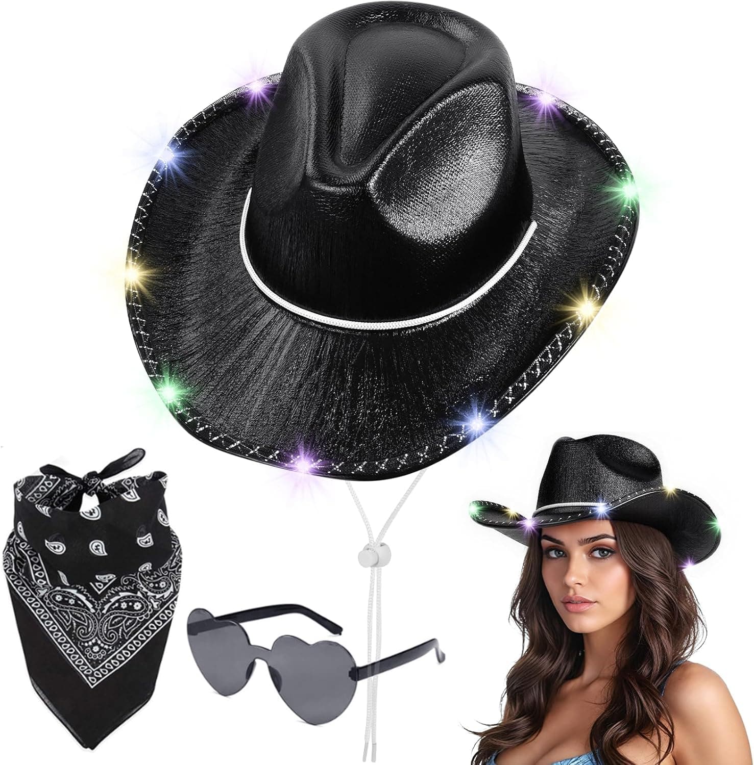 Aomig Sombrero Cowboy, 3PCS LED, Bandana Gafas Amor