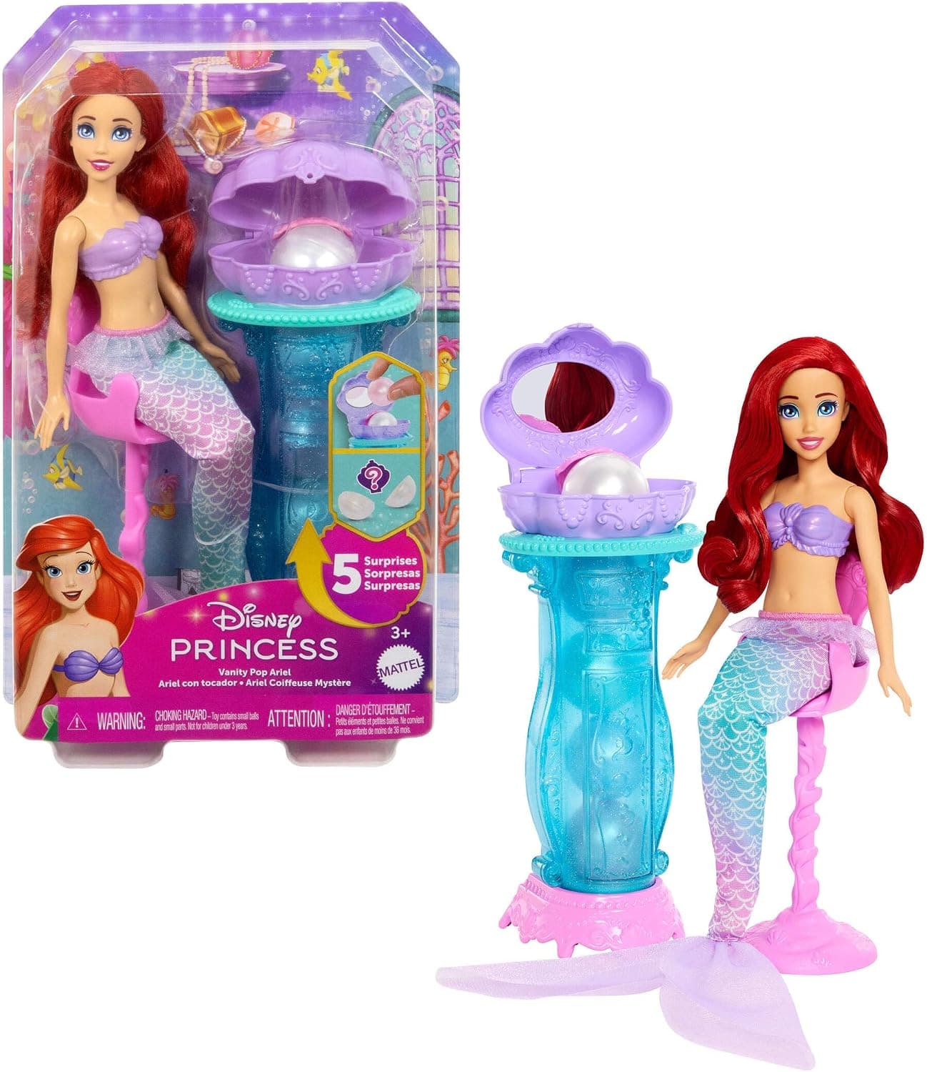 Mattel Disney Princess Ariel Sirena Muñeca de Moda y Tocador Sorpresa