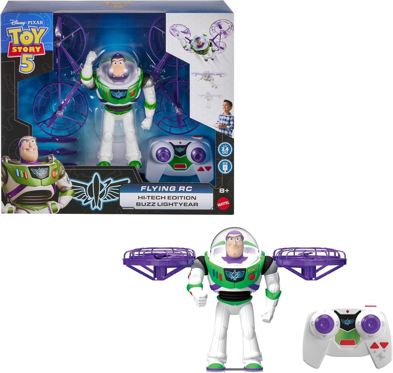 Mattel Disney Pixar Toy Story 5 Buzz Lightyear Edición Alta Tecnología con Vuelo teledirigido, guardián Espacial con alas desplegables electrónicas con Control Remoto, JKV53