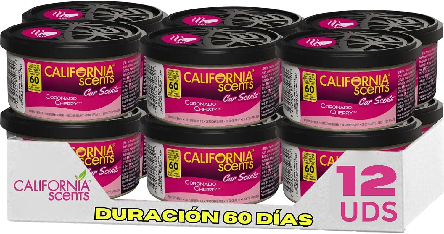 California Car Scents - Pack de 12 - Ambientador de Coche con Fragancia, Olor y Esencias a Coronado Cherry, Olor Piruleta de Cereza (Ambientador en Lata 42 gramos)