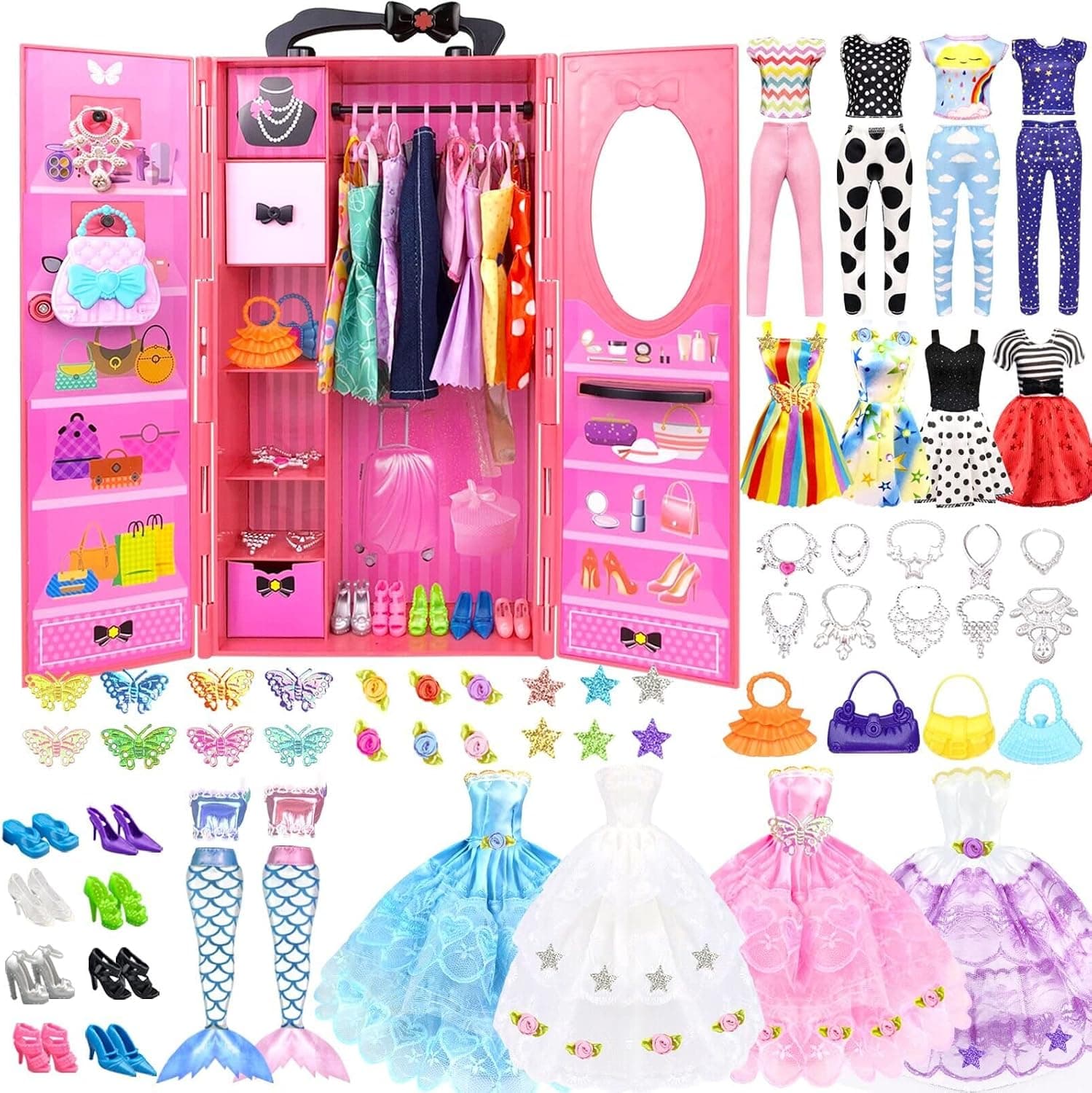 84 Pack Ropa y Accesorios para Muñecas Armario para 11.5 Pulgadas Muñeca de Niñas Que Incluye Vestidos de Novia Tops y Pantalones Zapatos Perchas Collares Juguetes Regalos para Niñas