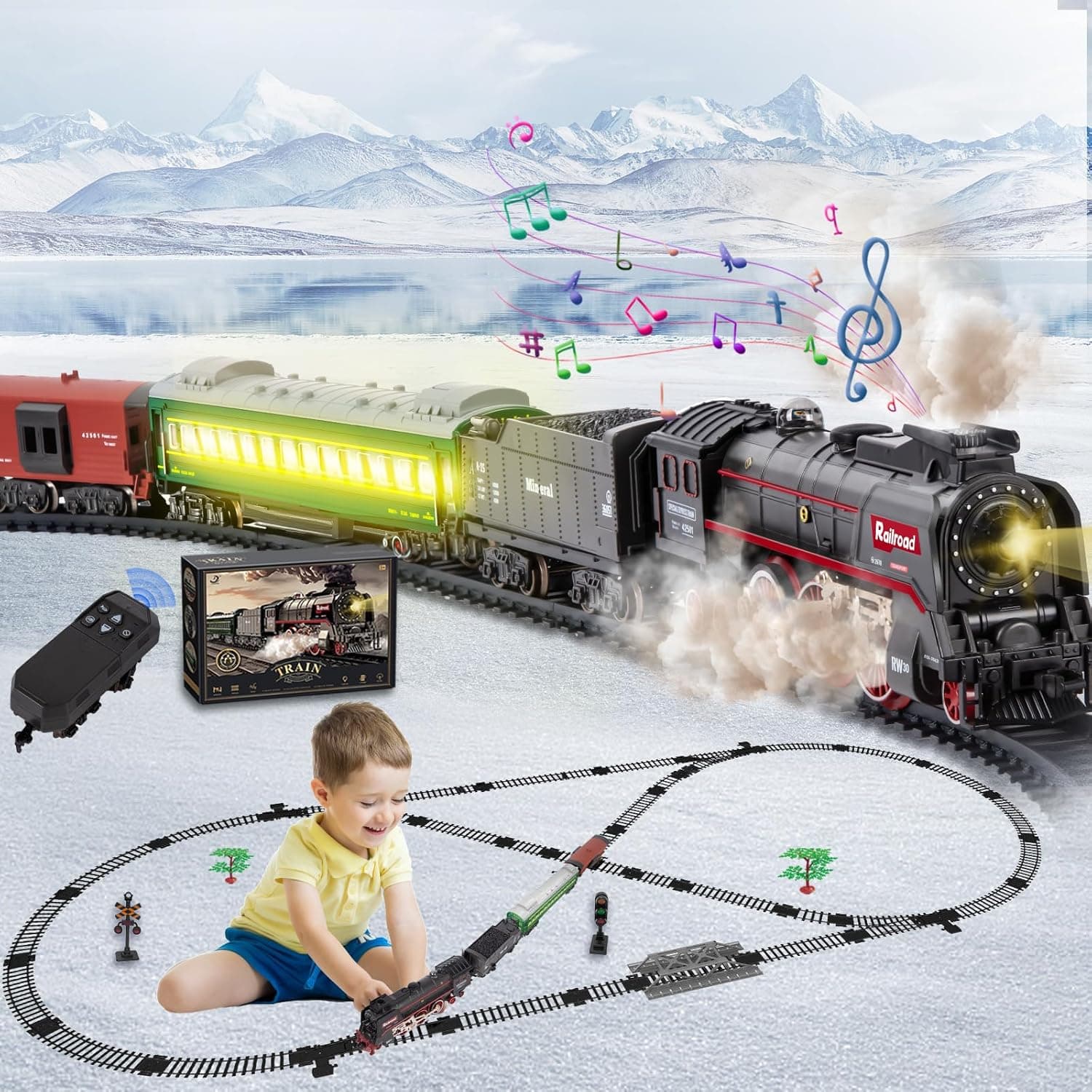 Joellfuner Tren Electrico Juguete Niños, Electrico Trenes de Navidad, Clasico Tren de Juguete con Vapor, Luces y Sonidos, Conjunto de Vías Decoración de Navidad Regalos de Cumpleaños