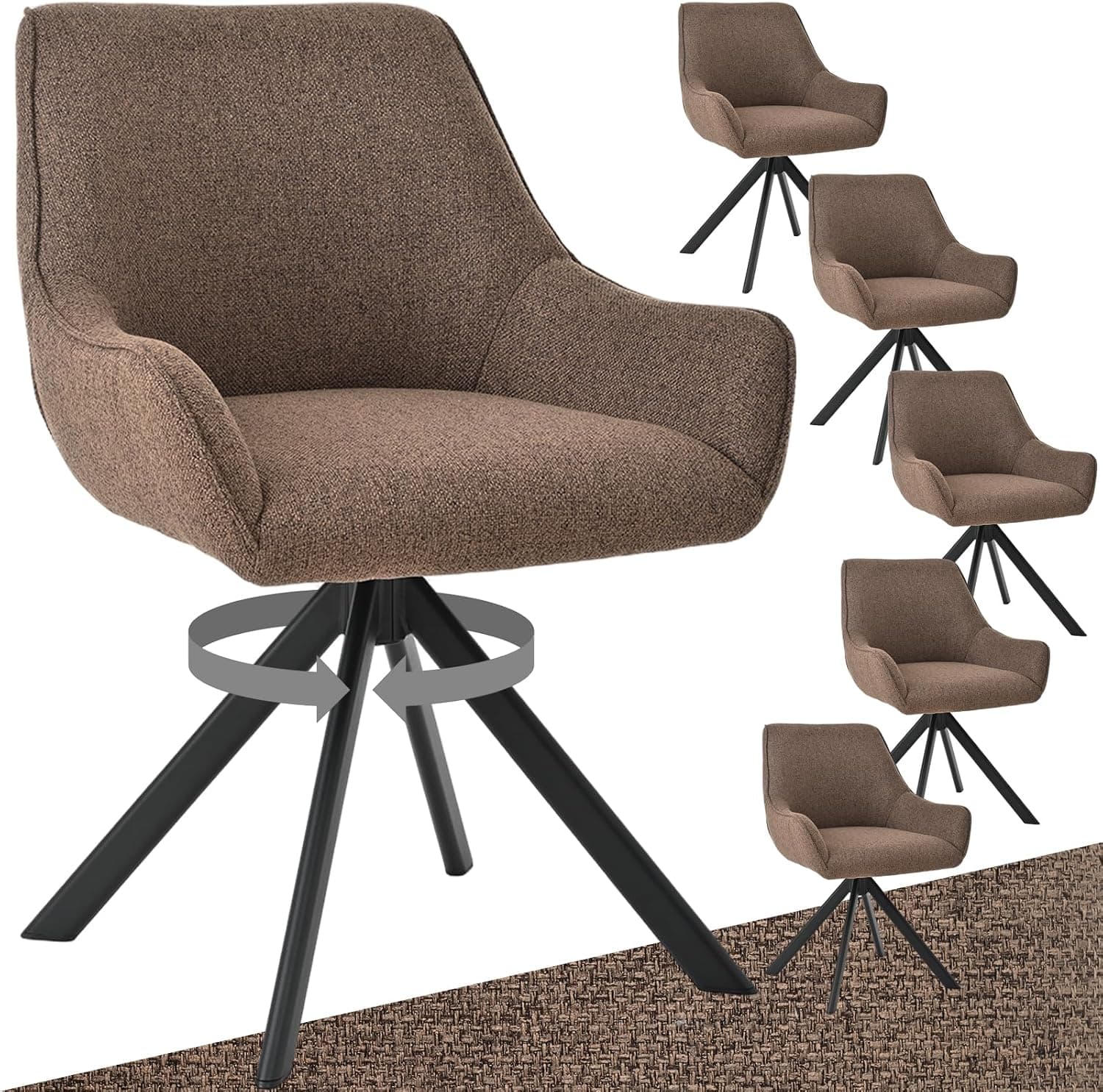Sillas Giratorias Juego de 6 - Sillas de lino con reposabrazos, 360° giratorias, Pies Metales, Respaldo Confort, para Comedor, Salón, Marrón