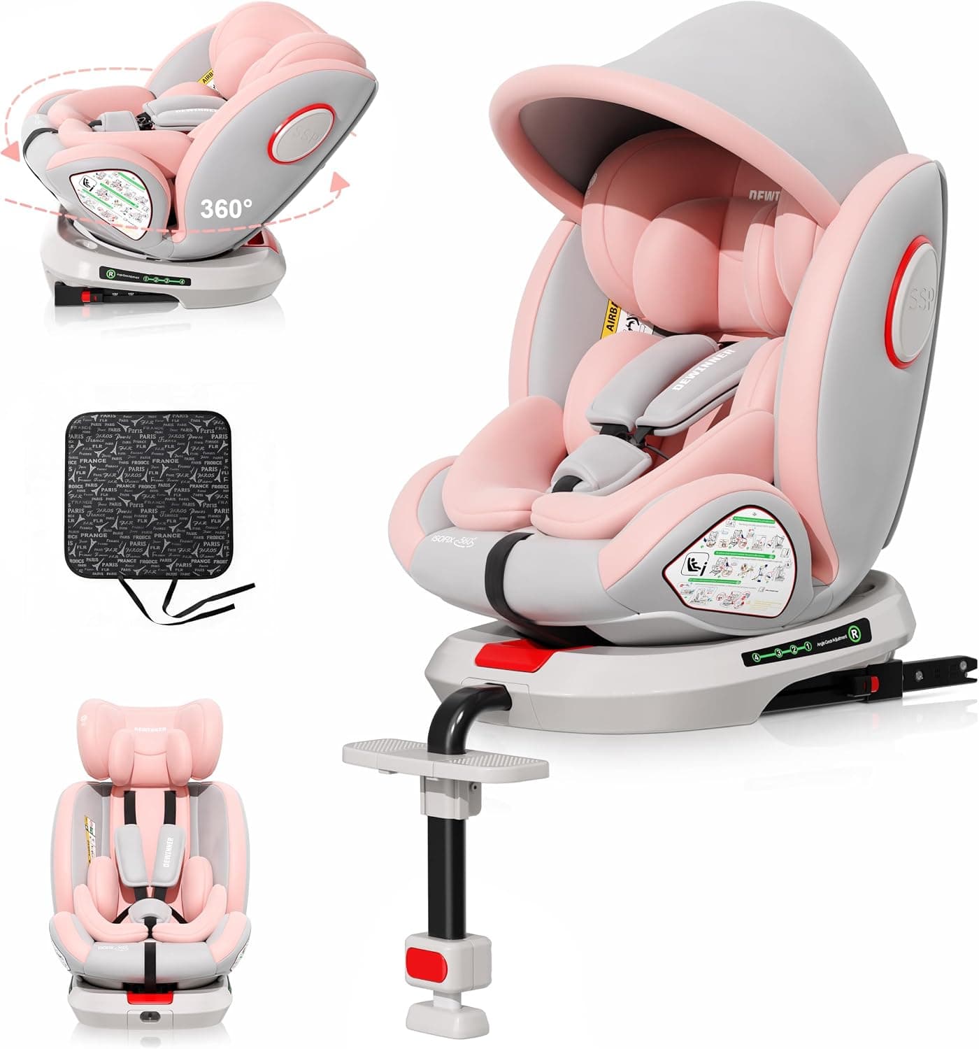 DEWINNER Sillas de Coche ISOFIX,I-Size 40-150 cm (0-36 kg),Silla Coche Bebé Grupo 0+/1/2/3, 5 Puntos Sillas de Coche Giratoria 360, Ajustable,Techo Anti-UV y Pata de Apoyo, ECER129 (Gris y Rosa)