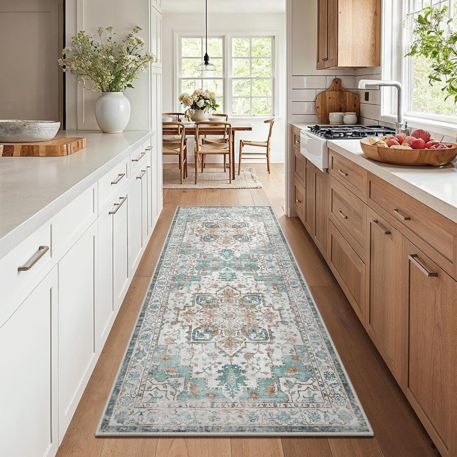 GENIMO Alfombra Salon Vintage Alfombras de Área Lavables en Máquina, Alfombras con Base Antideslizante, Alfombra de Dormitorio de Pelo Corto para Cocina, Comedor, Azul Turquesa, 80X200CM