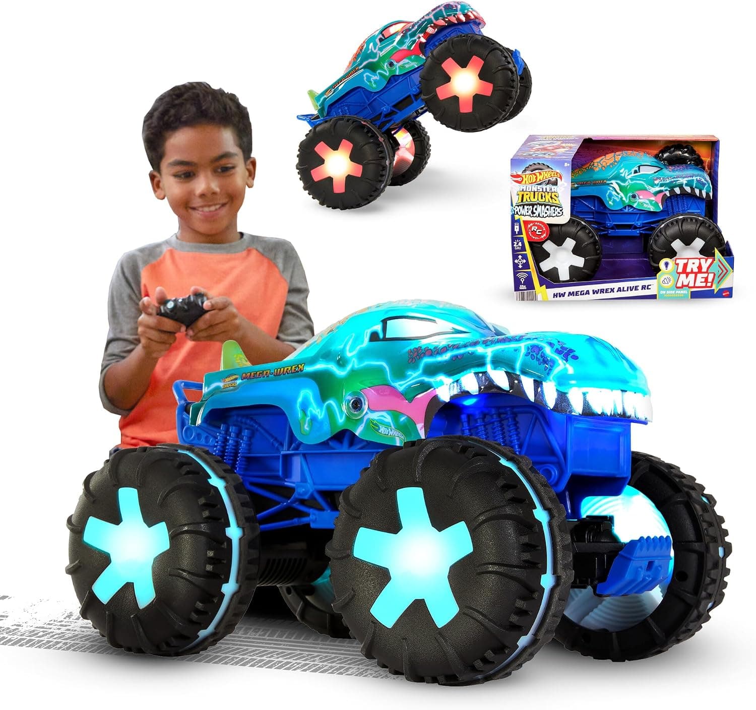 Hot Wheels Monster Trucks Coche teledirigido Mega-Wrex, coche de juguete radio control con luces, sonidos y 3 modos de juego, +5 años (JBD90)