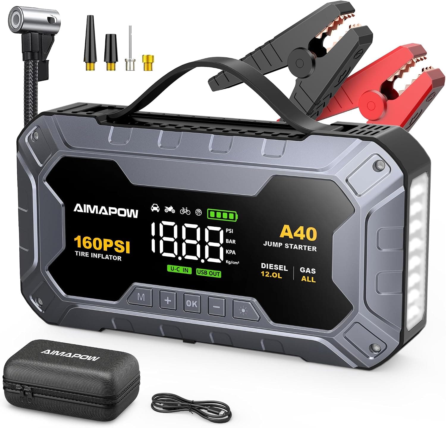 AIMAPOW Arrancador de Coches 9000A con Compresor, 160PSI Inflador de Neumáticos, Jump Starter 12V, Arrancador de Baterias de Coche(Todo Gasolina o 12L Diésel), Pantalla LCD, Luz de Emergencia