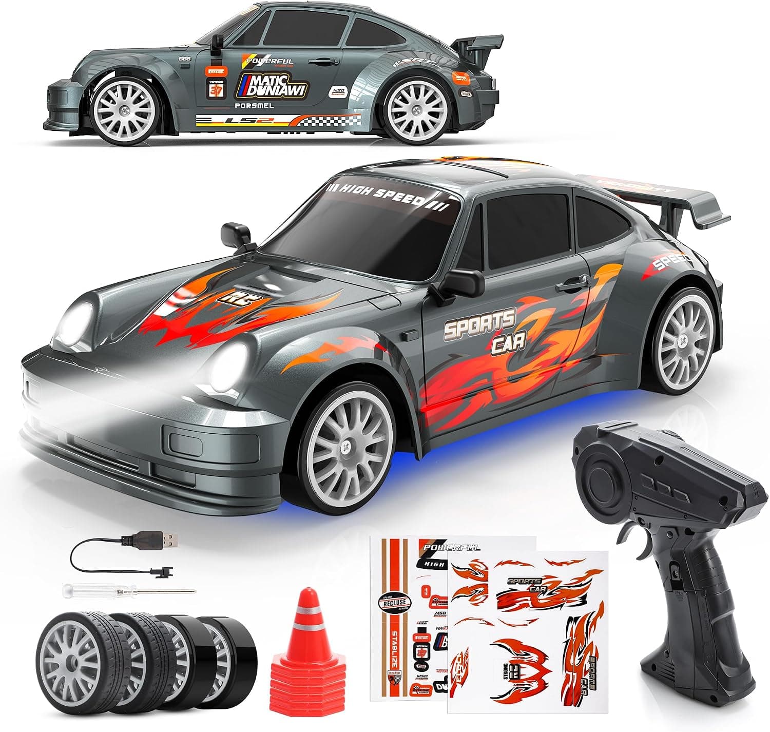 HappyGoLucky Coche RC Drift Car, Coche Teledirigido Drift con Luces LED, 2.4 GHz, 10-15KM/H, 4WD 1:24 Mini Drift Car Juguetes Niños 3-12 Años para Adultos - Regalo Navidad Niño