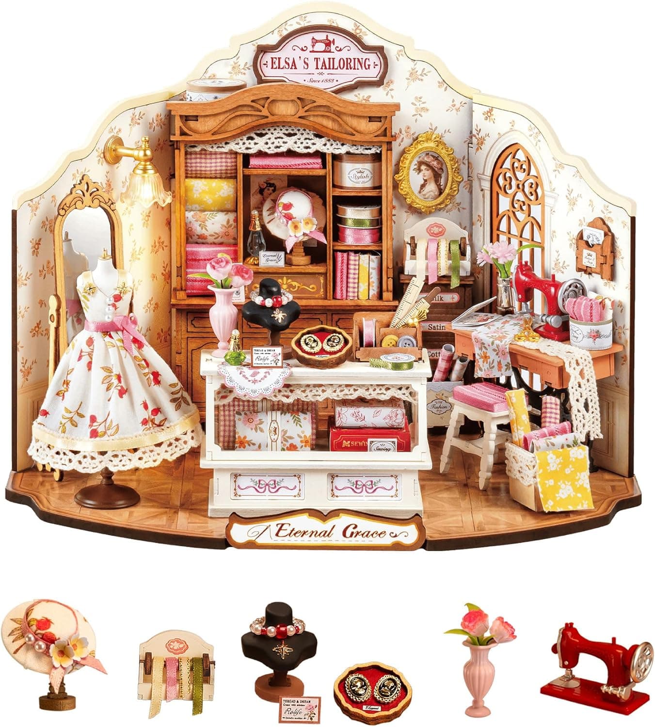 Rolife Casa de Muñecas Tienda de Costura de Elsa Casa Miniatura Kit de Modelo en Madera Estilo Vintage Rústico Decoración Regalo de Cumpleaños para Ella