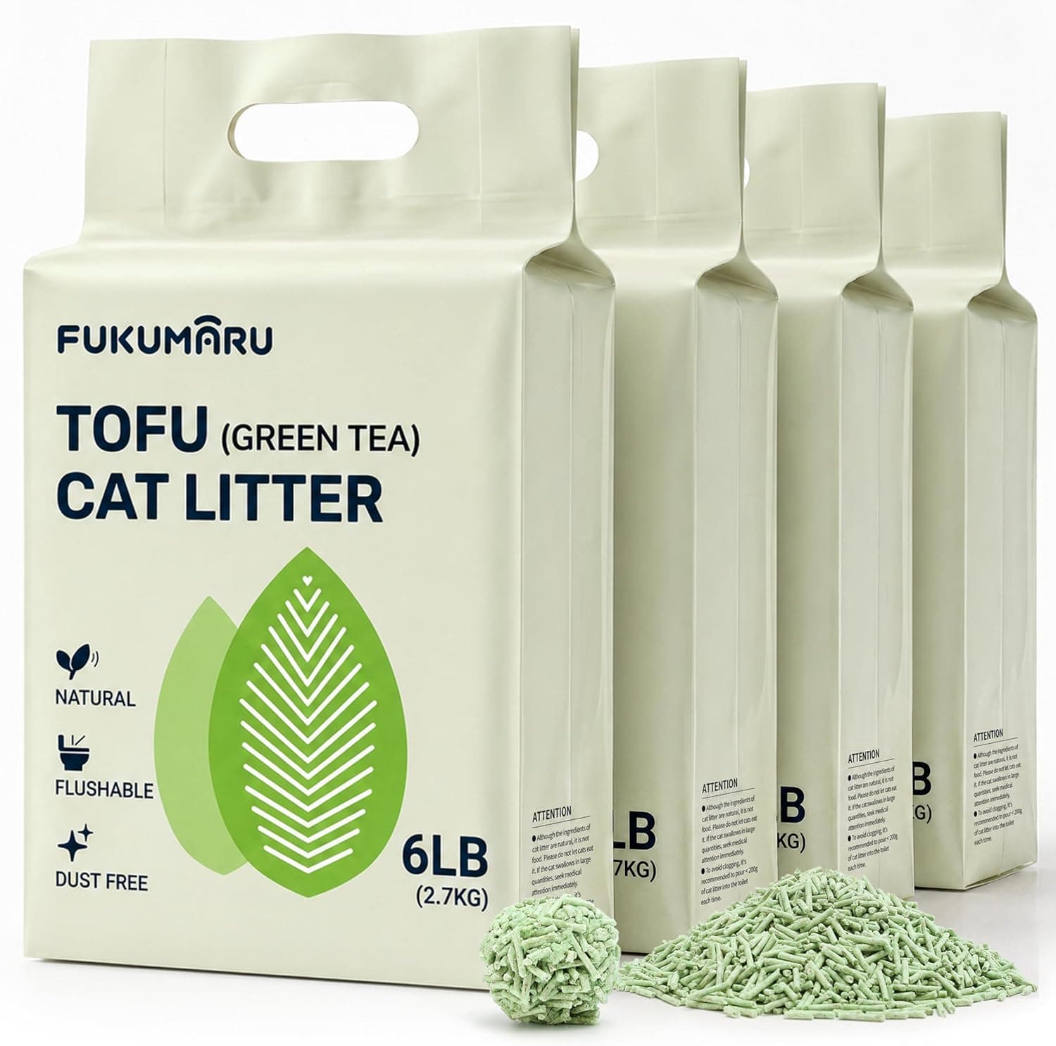 FUKUMARU Arena de Tofu para Gatos 10.8kg - Arena aglomerante para Gatos, Control de Olores con Aroma de Té Verde, Libre de Polvo y fácil de aglomerar, Desechable en el Inodoro
