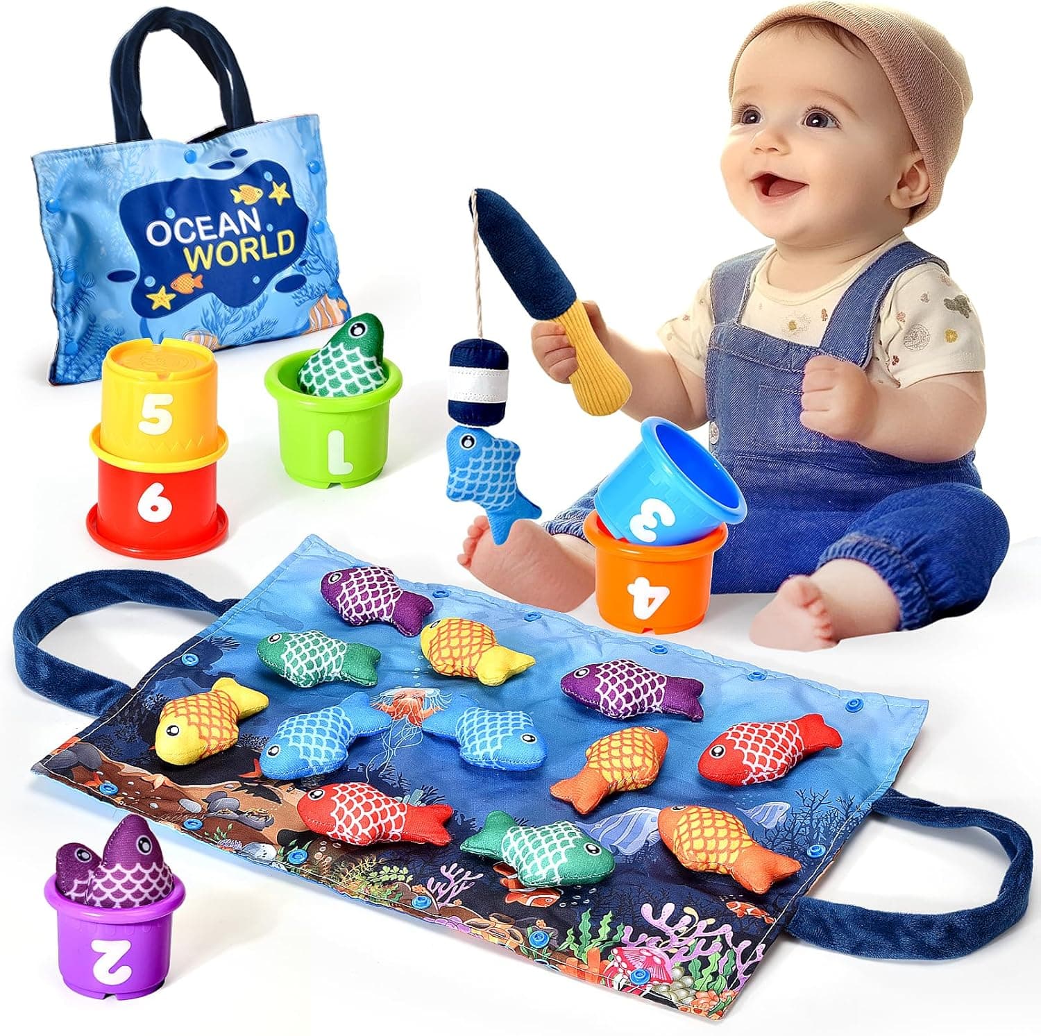 Juguetes Niños 1 Año Montessori, 20 Piezas Juego Pesca de Tela con Taza Apilables, Almacén Bolsa, Educativos Juguetes Bebes 6-12 Meses, Regalo Bebe 1 2 Año