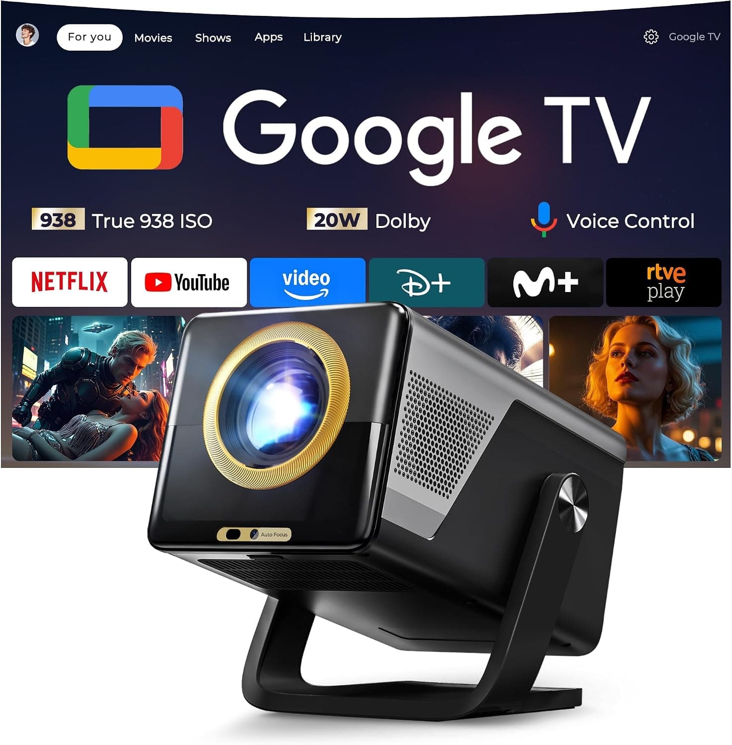Google TV Proyector Portatil con Netflix, 938 ISO, Soporte 4K, Dolby 20W
