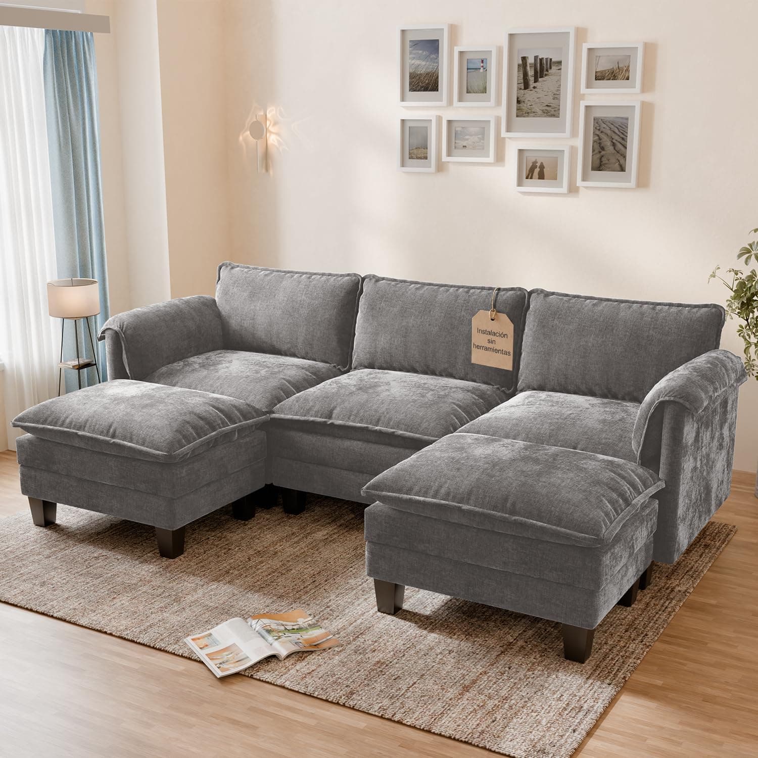 ELUCHANG Sofá Nube Modular 256cm con 2 Pufs, Sofá en Forma de U de 3 Plazas, Asiento Profundo 62cm, Montaje sin Herramientas, Sofá de Chenilla para Salón, Gris Perla