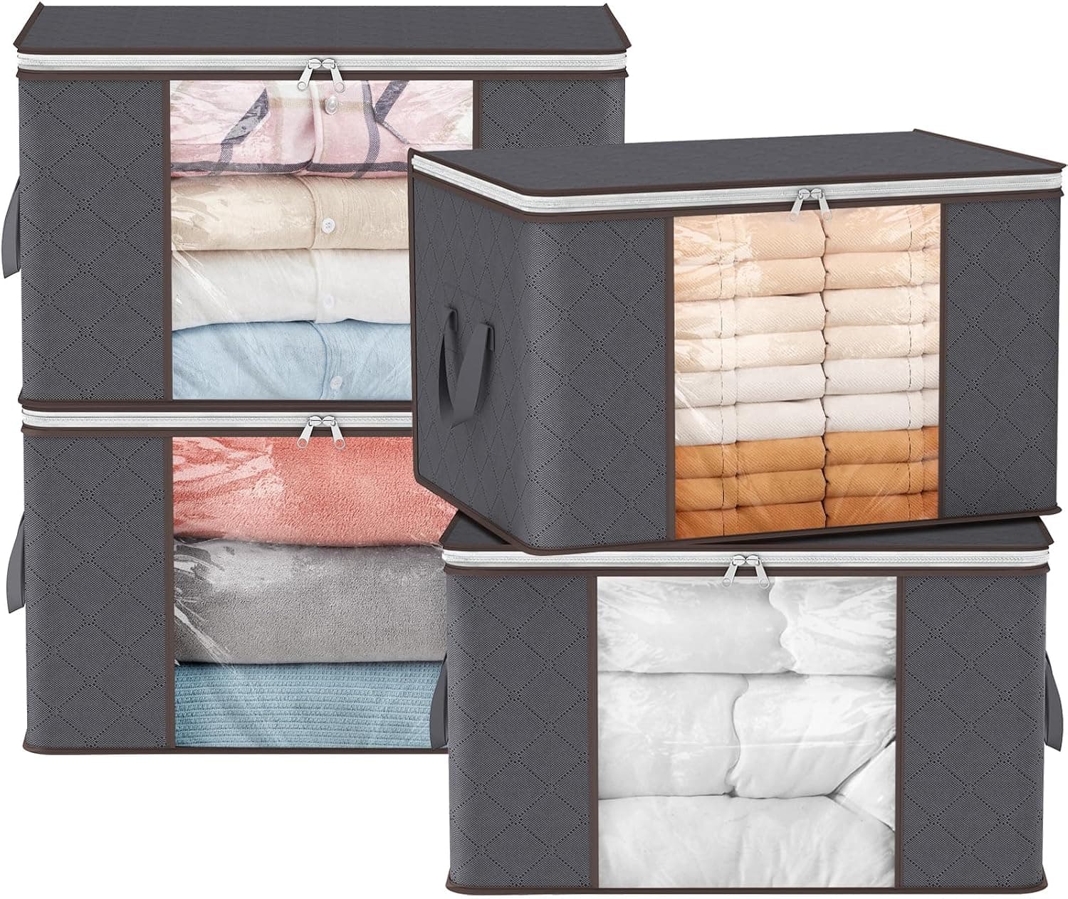 Lifewit Cajas Almacenaje Ropa, Bolsa almacenamiento ropa, Organizador Armario Plegable, Cajas Mudanza, Bolsas con Asa Reforzada para Guardar Ropa, Mantas, Edredones, Gris, 90L, 4 Piezas