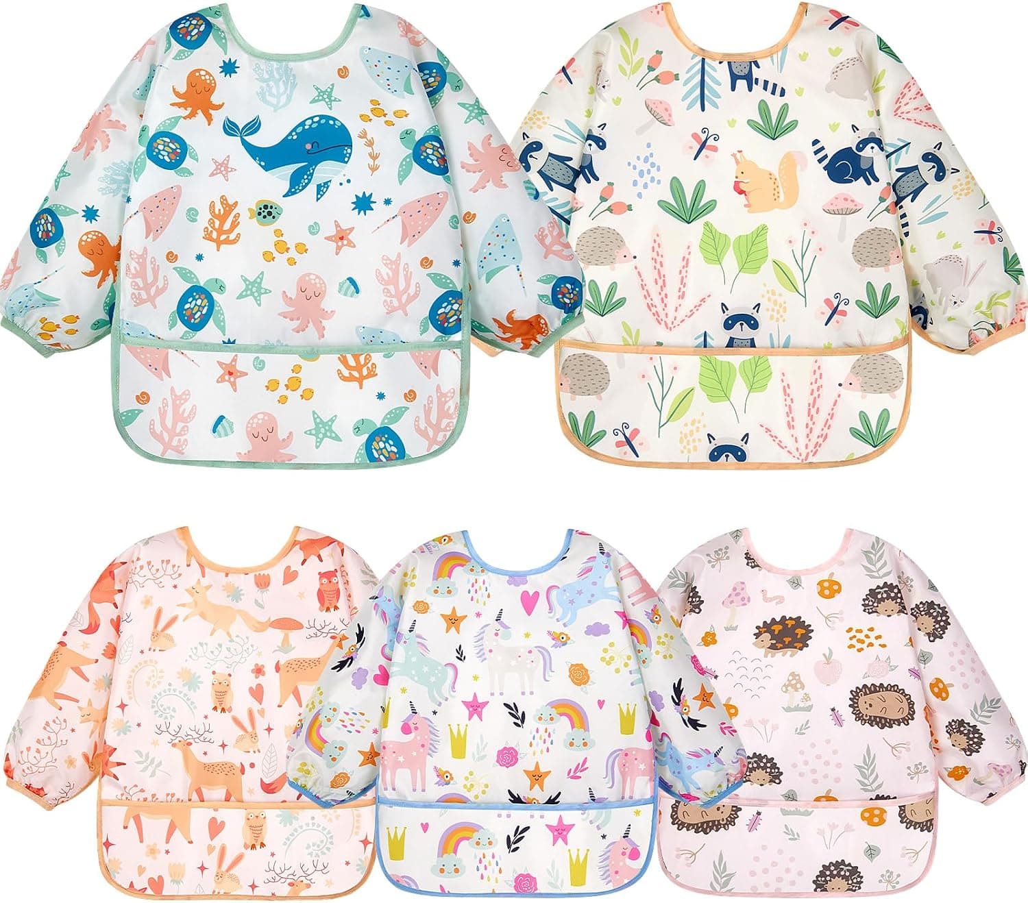 Lictin 5 Pcs Babero con Mangas Impermeable- Babero de Manga Larga con Escote Ajustable para Bebes (0-24 meses)
