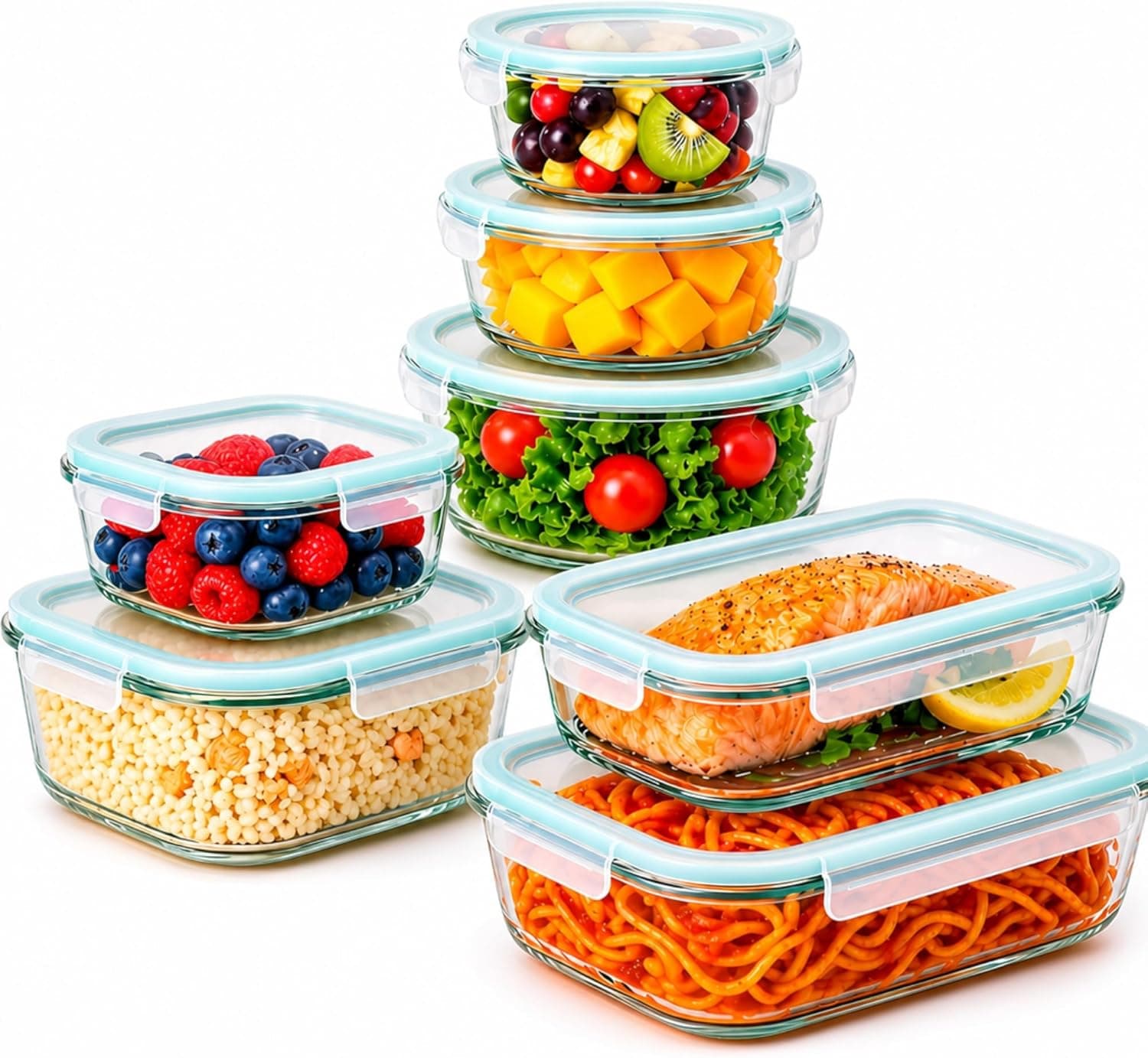 edihome, Recipientes de Cristal para alimentos, 14 Piezas (7 recipientes + 7 tapas), para Comida Hermetico, Apto para lavavajillas, congelador, microondas, sin BPA (7 Recipientes)