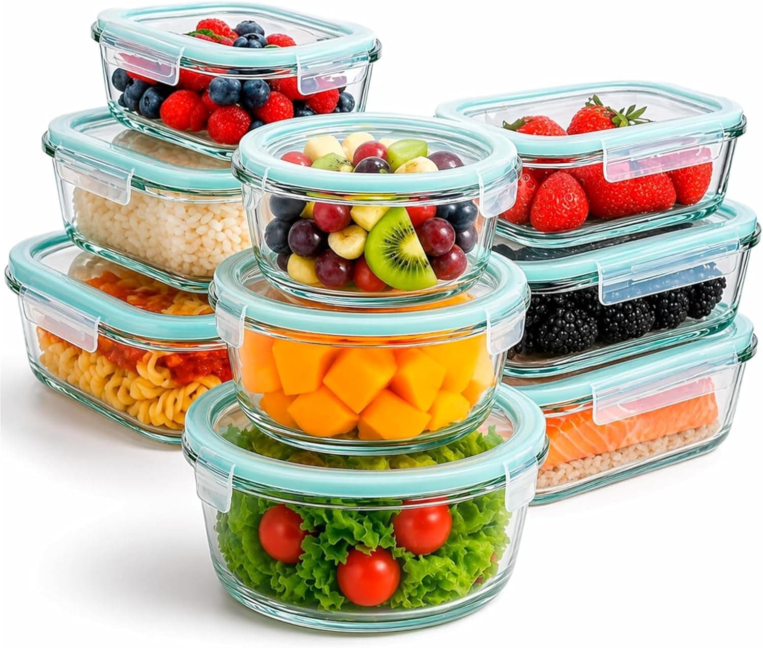 edihome, Recipientes de Cristal para alimentos, 18 Piezas (9 recipientes + 9 tapas), para Comida Hermetico, Apto para lavavajillas, congelador, microondas, sin BPA (9 Recipientes)
