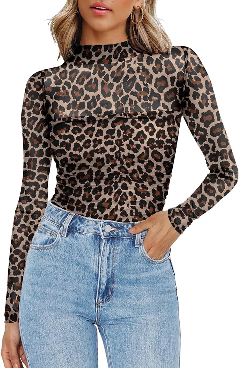 Zeagoo Camiseta de malla para mujer, transparente, cuello redondo, manga larga, sexy, para fiestas, corte ajustado, camiseta de manga larga