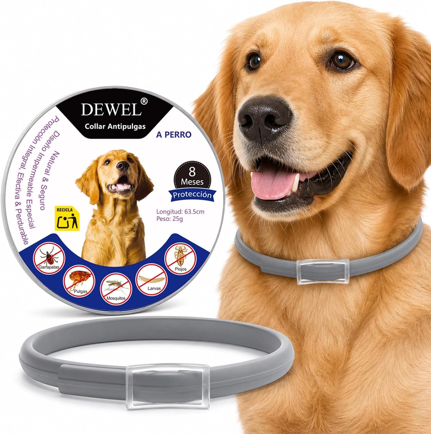 DEWEL Collar Antiparasitario Perros 63,5 cm Gris, Duración 8 Meses