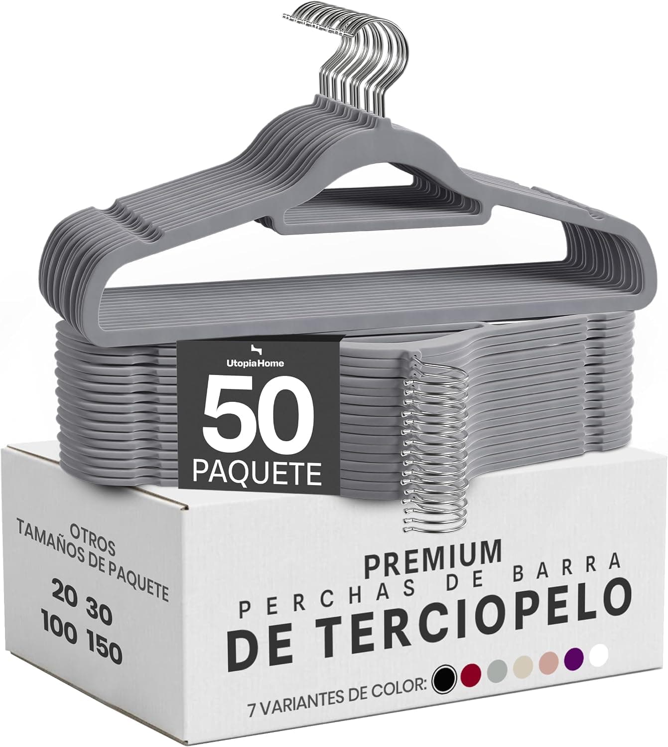 Utopia Home Perchas Terciopelo con Tie Bar (Gris, Paquete de 50)