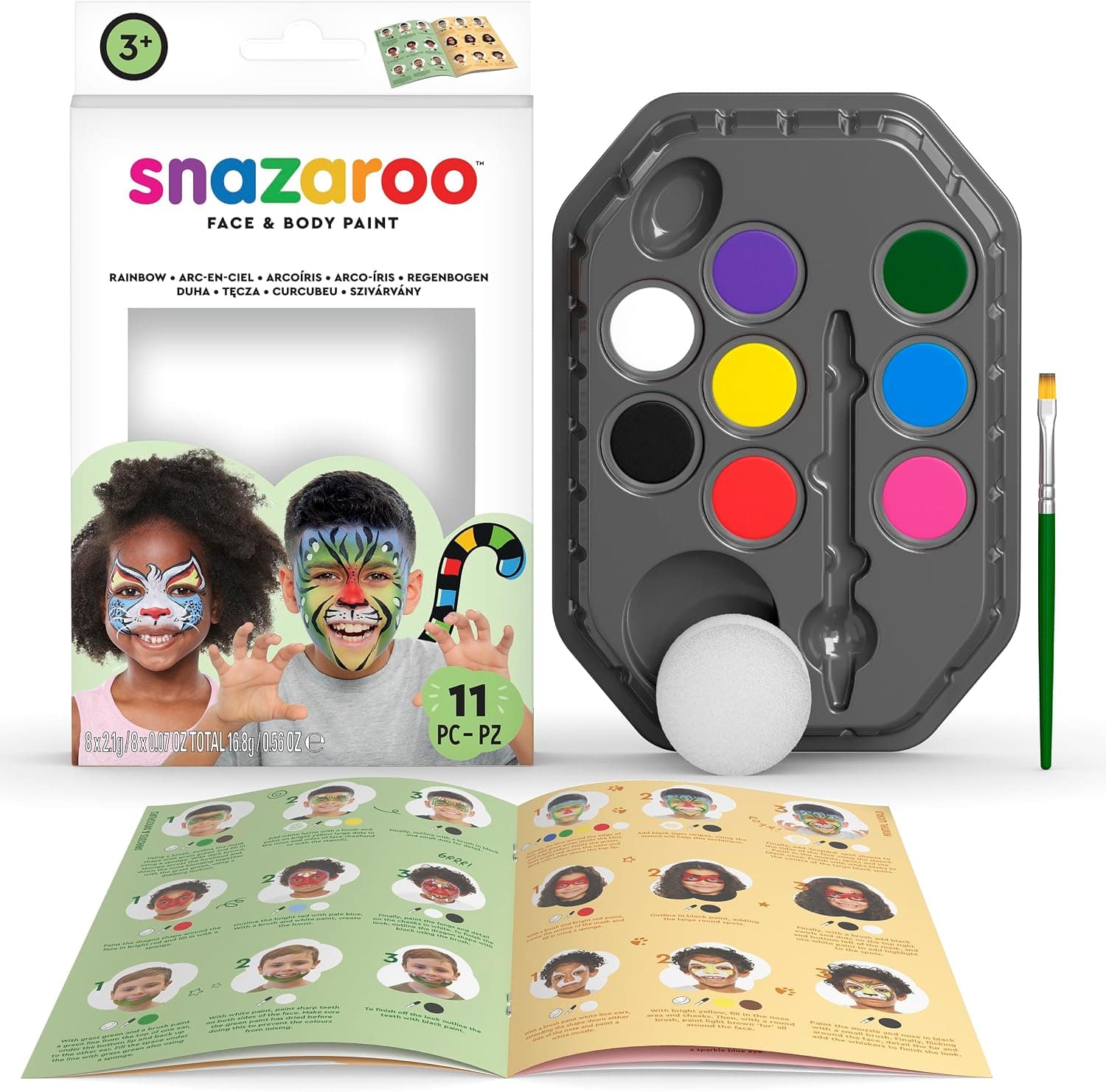 Snazaroo - Set de pintura facial "Arcoíris", para niños y adultos, 8 colores, 1 pincel, 1 esponja, 1 guía, base de agua, maquillaje pintacaras, aguacolor